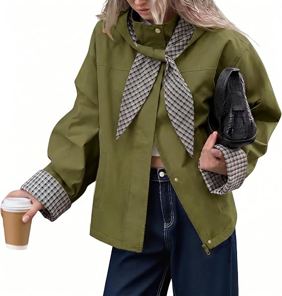 Tankaneo Womens Cropped Trench Coats Fall Jacket with Plaid Detachable Hood