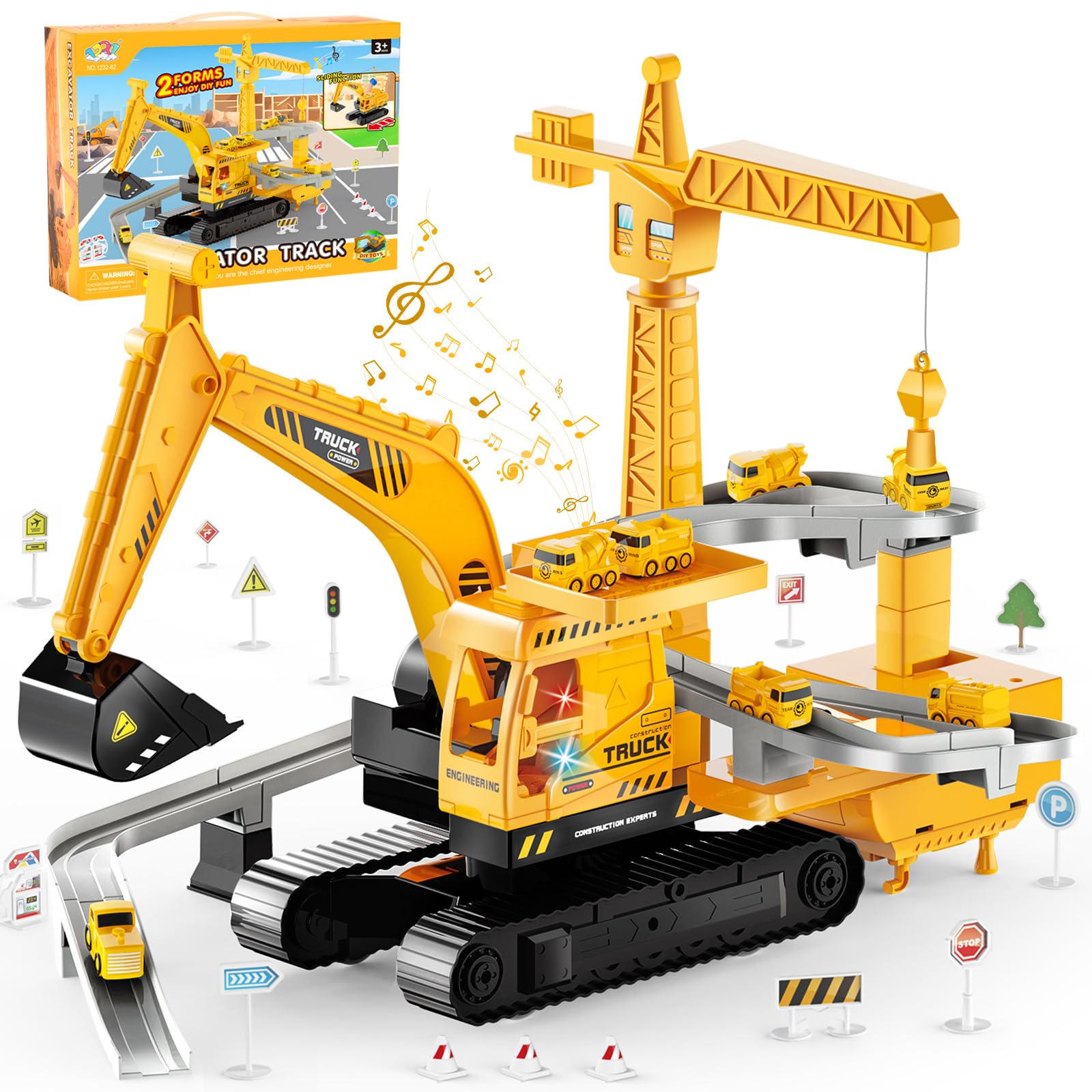 Aragallant Camión Excavadora Juguete, 2 en 1 Juego de Juguetes Camión de Construcción, Juguete de Grúa Excavadora con Luces, Música, 8 Minivehículos y Pista, Regalo de Cumpleaños para Niños