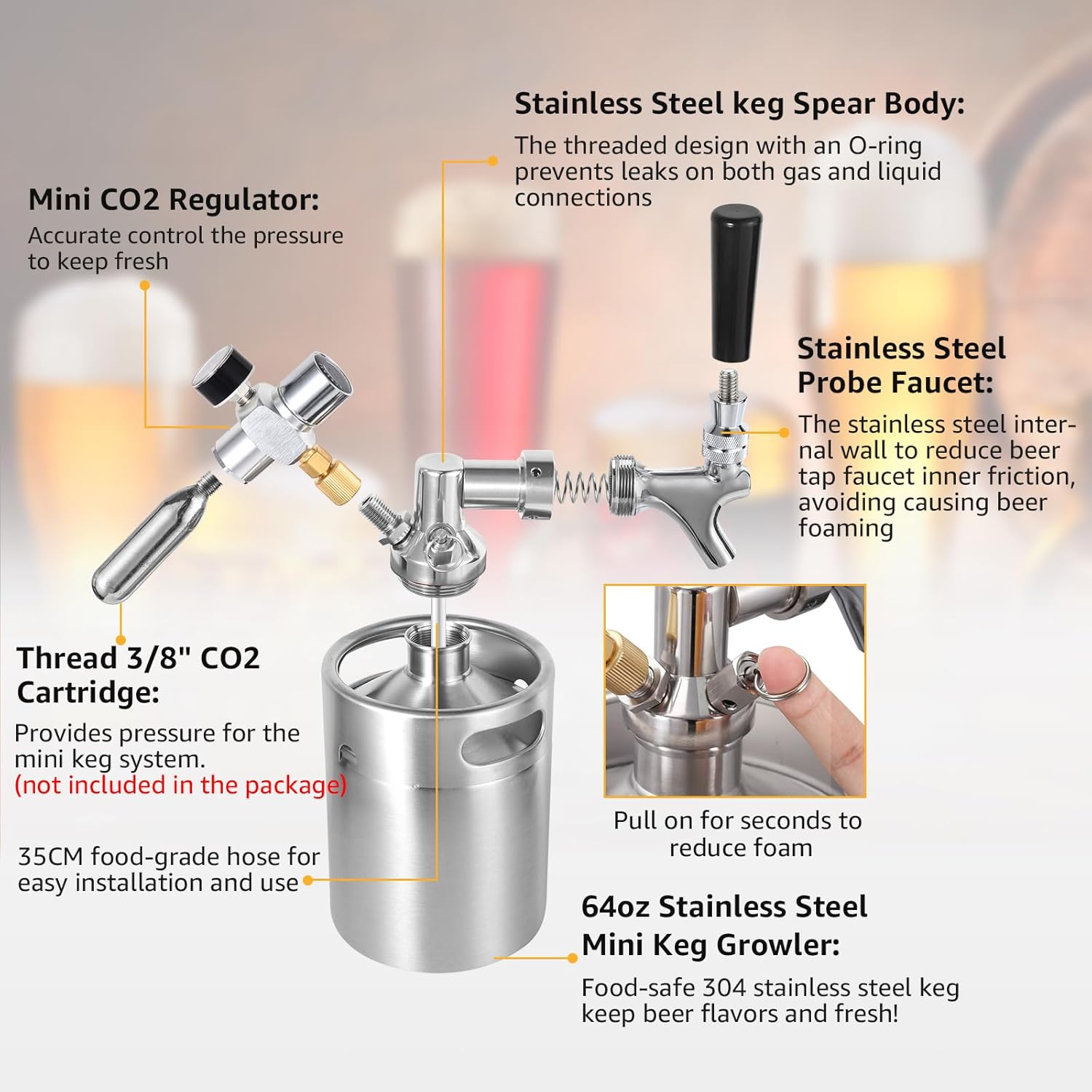 64OZ Mini Keg Growler Tap System, Pressurized Stainless Steel Beer Keg, Beer Dispenser System with CO2 Regulator & Self-Closing Faucet, Portable Beer Growler to Keep Fresh for Homebrew