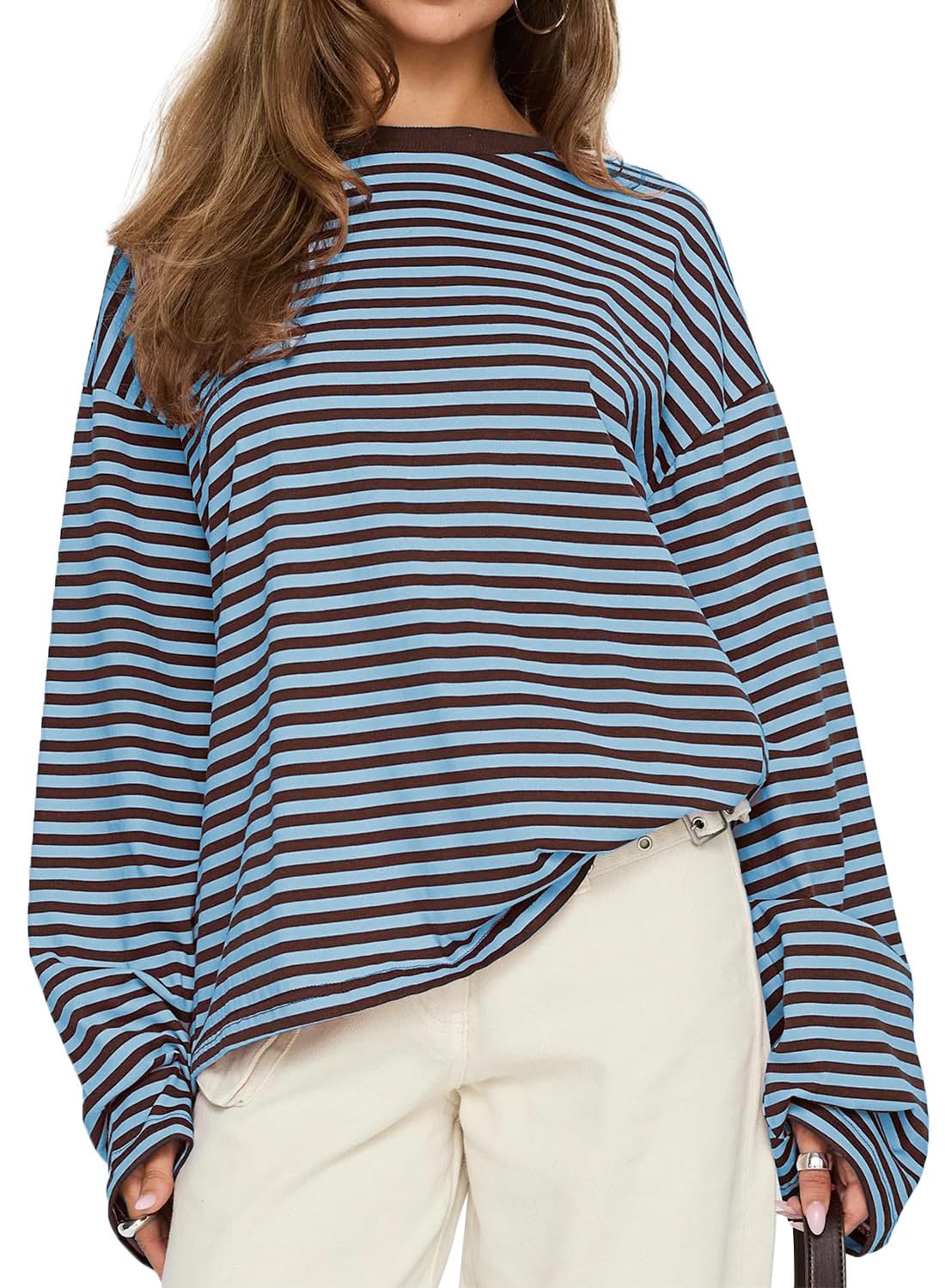 CHYRII Women Oversized Striped Long Sleeve T Shirt Fashion 2026 Crewneck Casual Fall Spring Tops Y2K Clothes Medium Blue+coffee