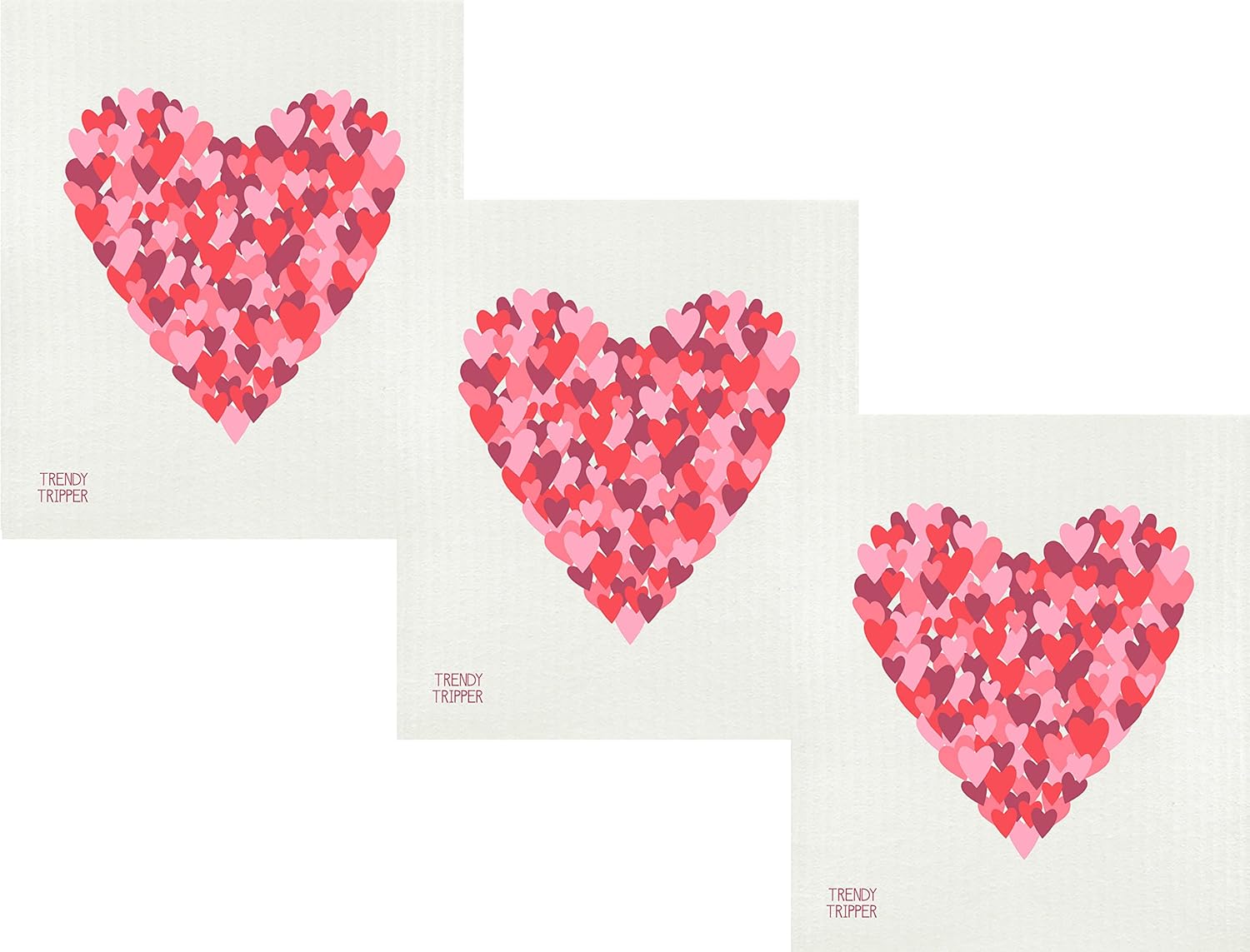 Trendy Tripper 3-Pk Earth-Friendly Compostable Sponge Cloths (aka) Swedish Dishcloths - Reusable + Washable | Lovely Hearts Pinks/Reds ON Color Cloth (3-Pk Heart on Natural)