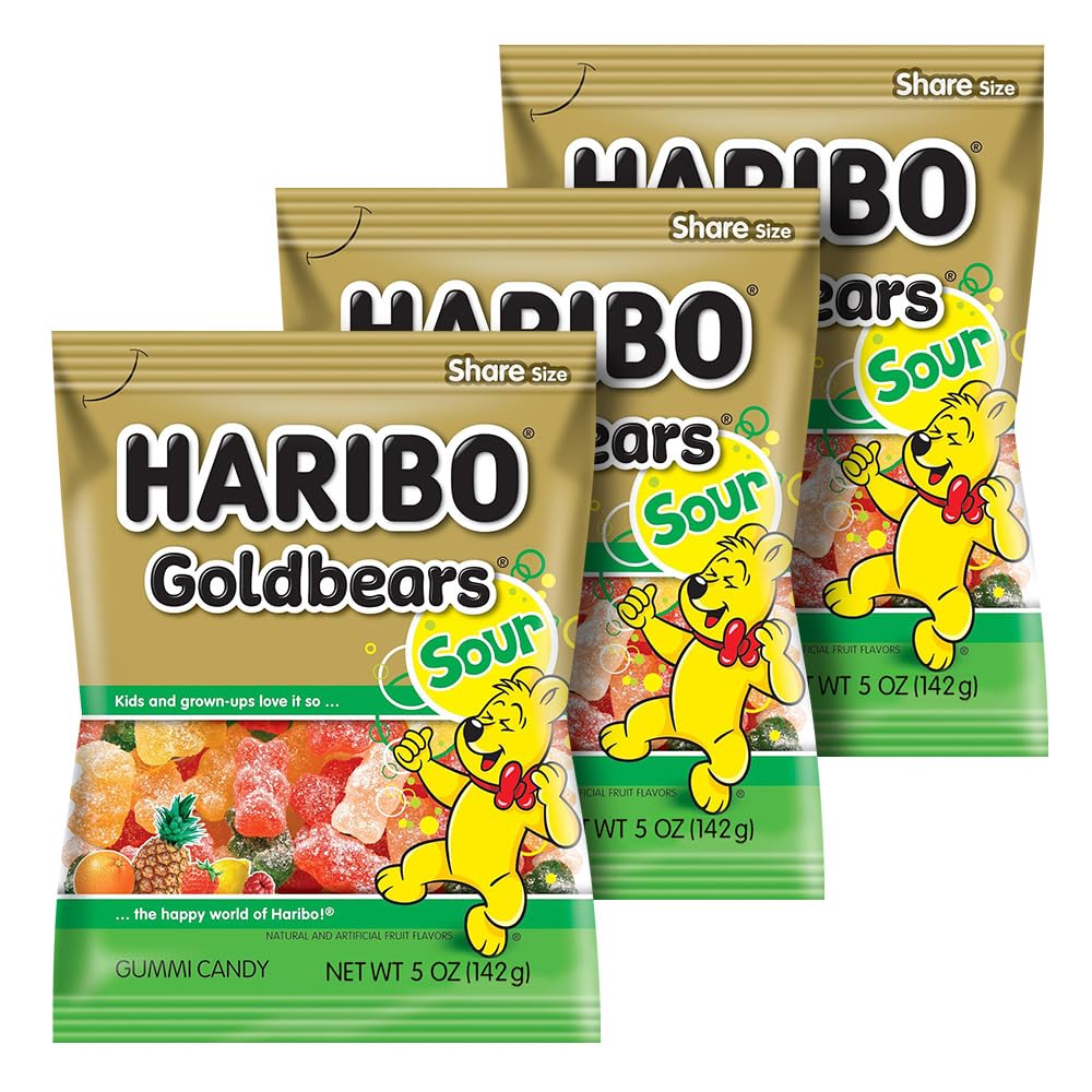 Haribo Gummi Candy Bundle - 3 Packs of Soft & Chewy Delicious Gummies, Each 5 oz Share Size Peg Bag (SOUR Gold Bears)