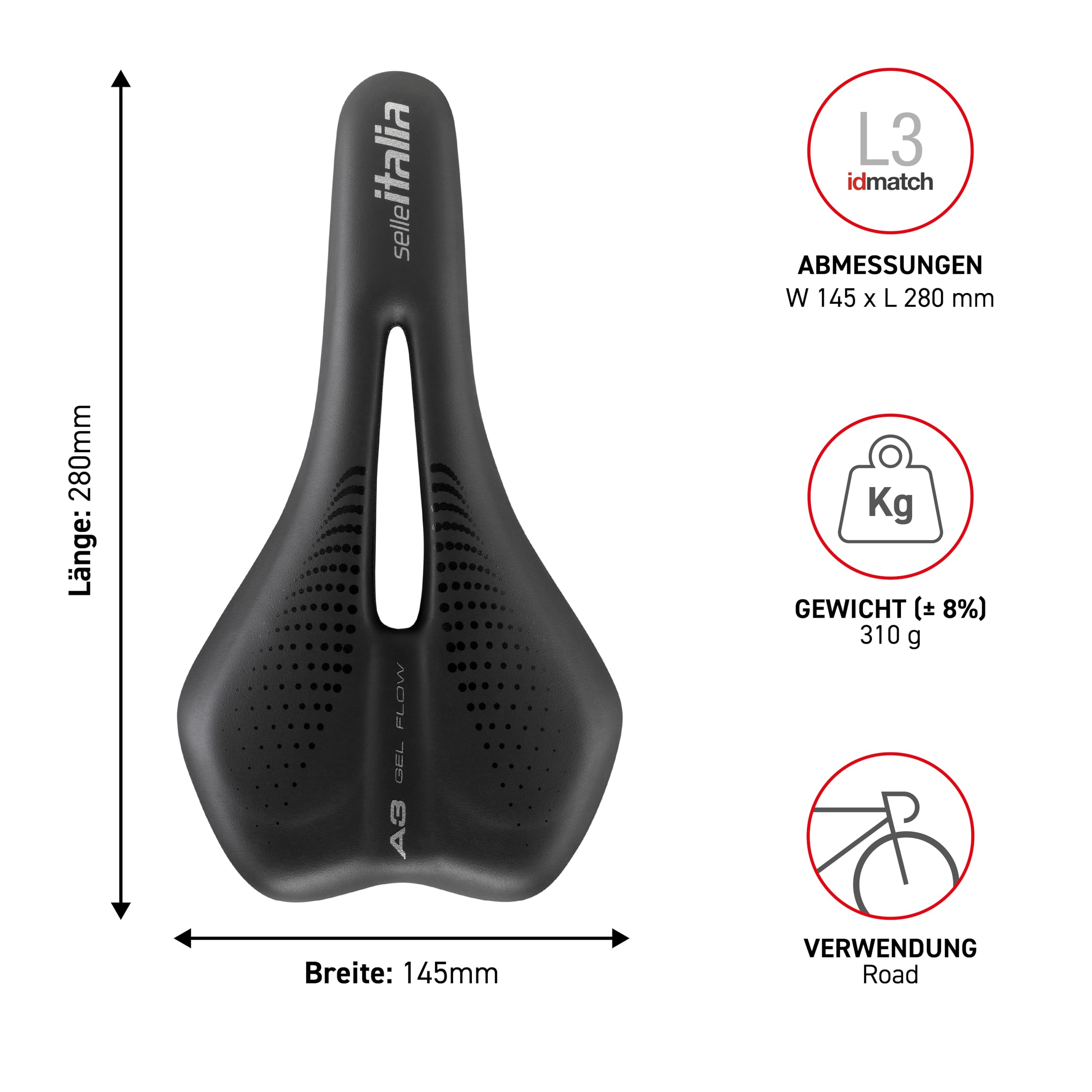 Selle Italia A3 - Fahrradsattel, komfortabel mit Gel, anatomische Aussparung, wasserdicht und für alle Fahrradtypen geeignet - Schwarz