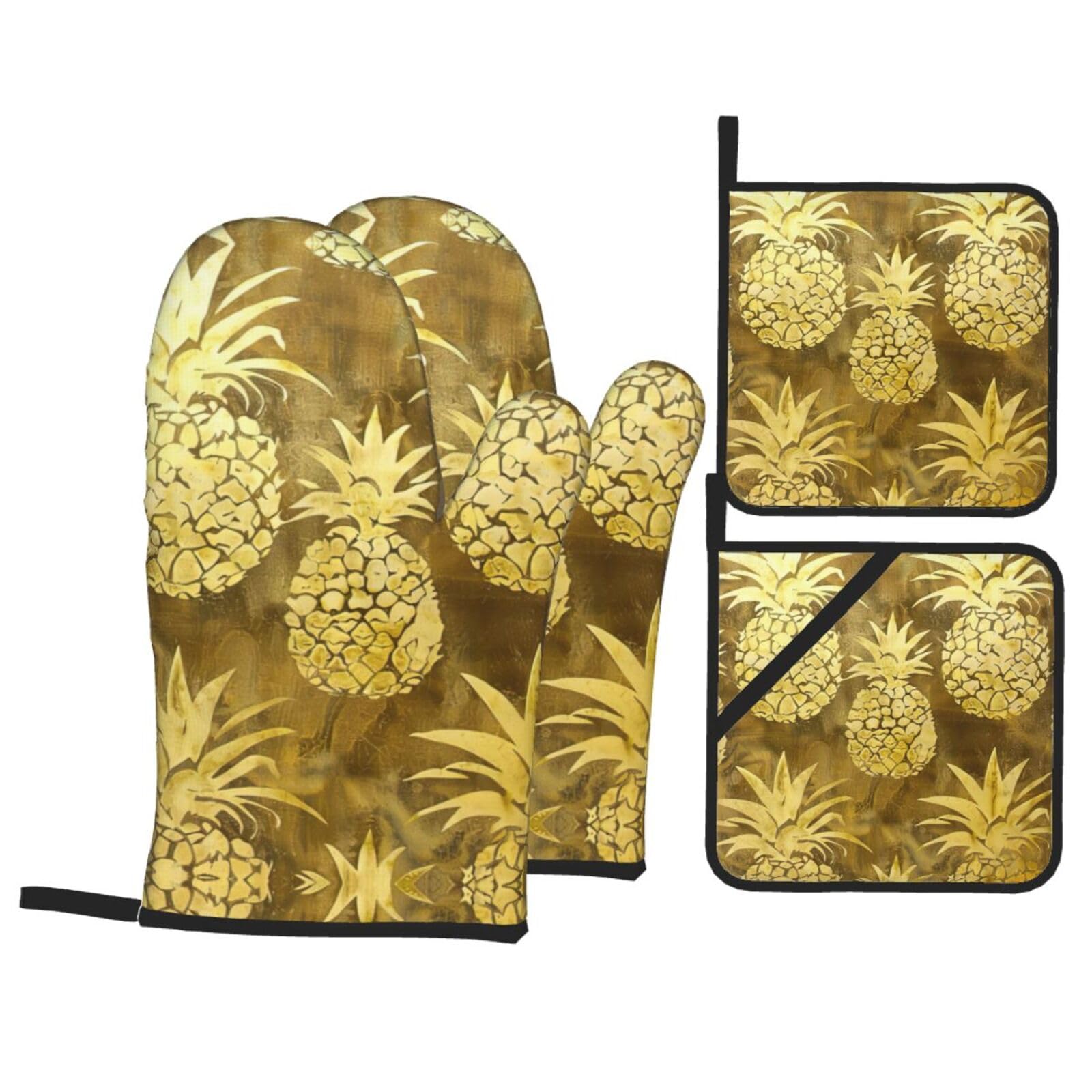 gold pineapple background Print Stylish 4-Piece Microwaving Oven Waterproof Kitchen Gloves Baking Holiday Cooking