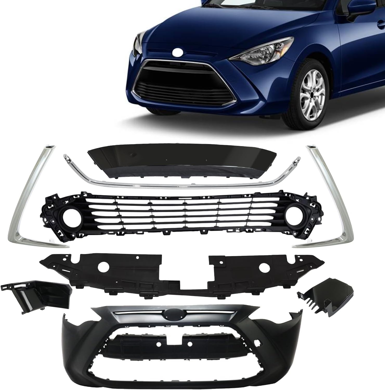 Front Bumper Cover Kit Compatible with 2017-2018 Toyota Yaris IA 2019-2020 Yaris Sedan Black Lower Grille Trim & Inner Grill Support & Moldings Kit Driver Passenger Side for TO1044115