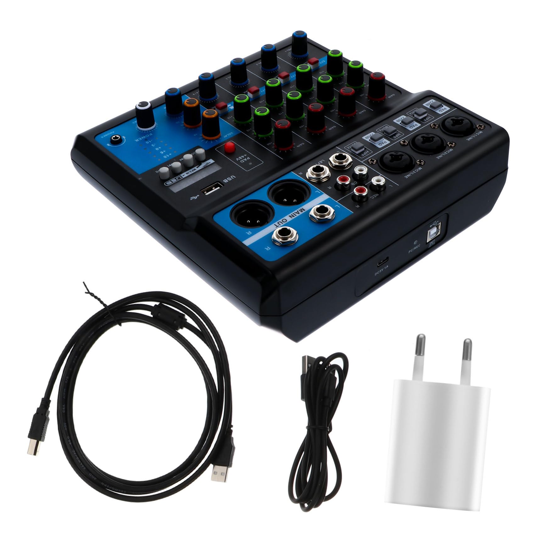 de Mezclas Inalámbrica de 5 Vías para Ordenador Función de Mezcla de Sonido, Material ABS, Cable USB Incluido para Enseñanza en Red y Chat de Voz