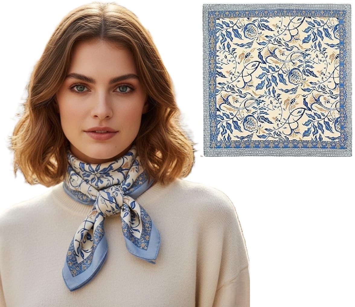 Blue Floral Pattern Polyster Silken feel Scarf Stole for Women | Stylish, Soft, & Lightweight | Satin Feel Head Neck & Hair Scarves for Women | Handbag Square Scarf, 70 x 70 cm-image-6