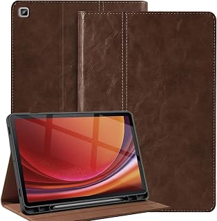 NANRUIL Funda para Samsung Galaxy Tab S6 Lite de 10,4 pulgadas 2020/2022/2024 de piel auténtica, con soporte para bolígrafo y protector de coche/dormir, color marrón oscuro