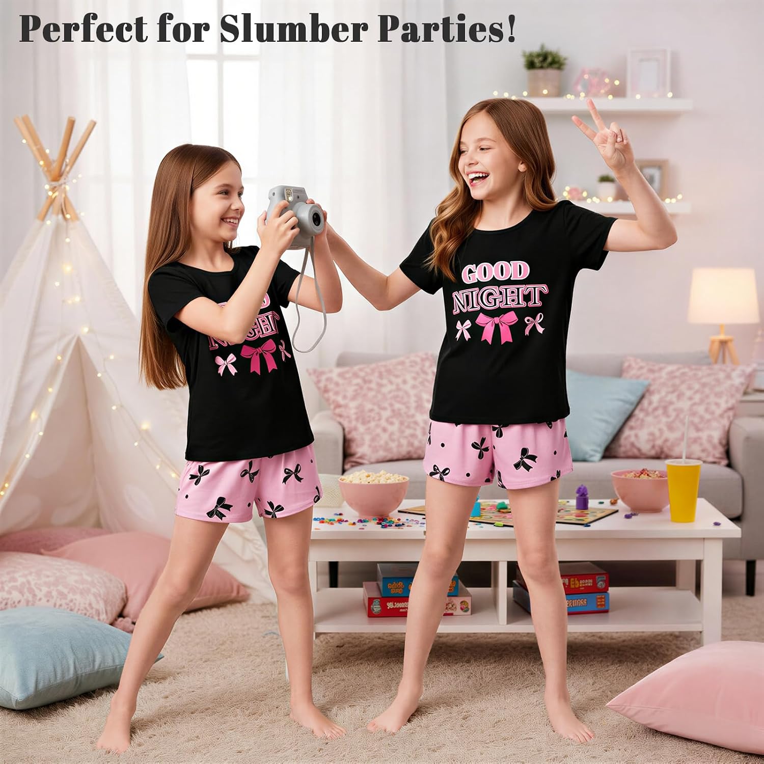 Play Tailor Girls Pajamas for Kids Summer Pjs for Girl Pajama Sets 2Pcs Short Sleeve Top Sleepwear for Teen 8-15