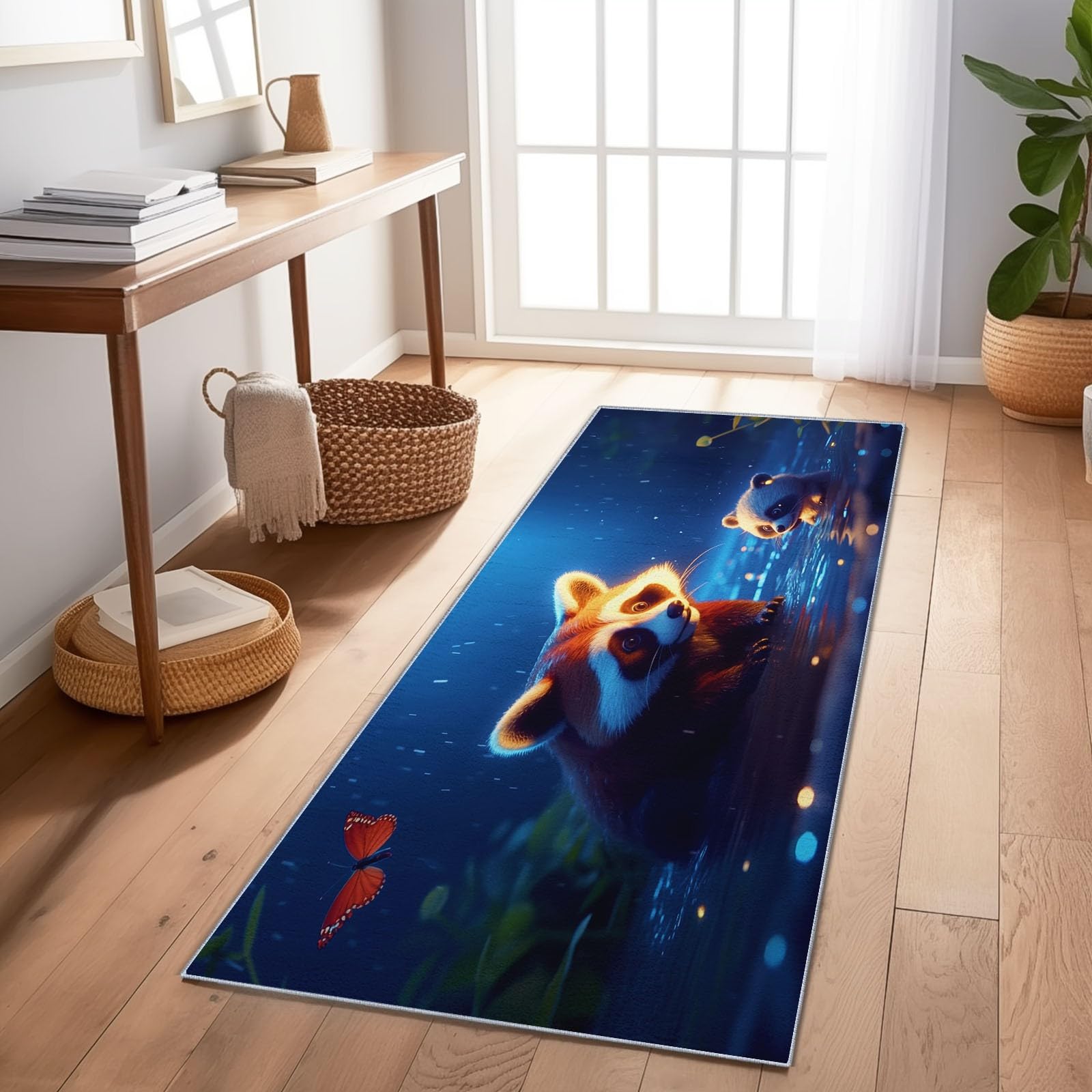Tapis couloir lavable en machine et antidérapant avec motif panda roux en flanelle douce