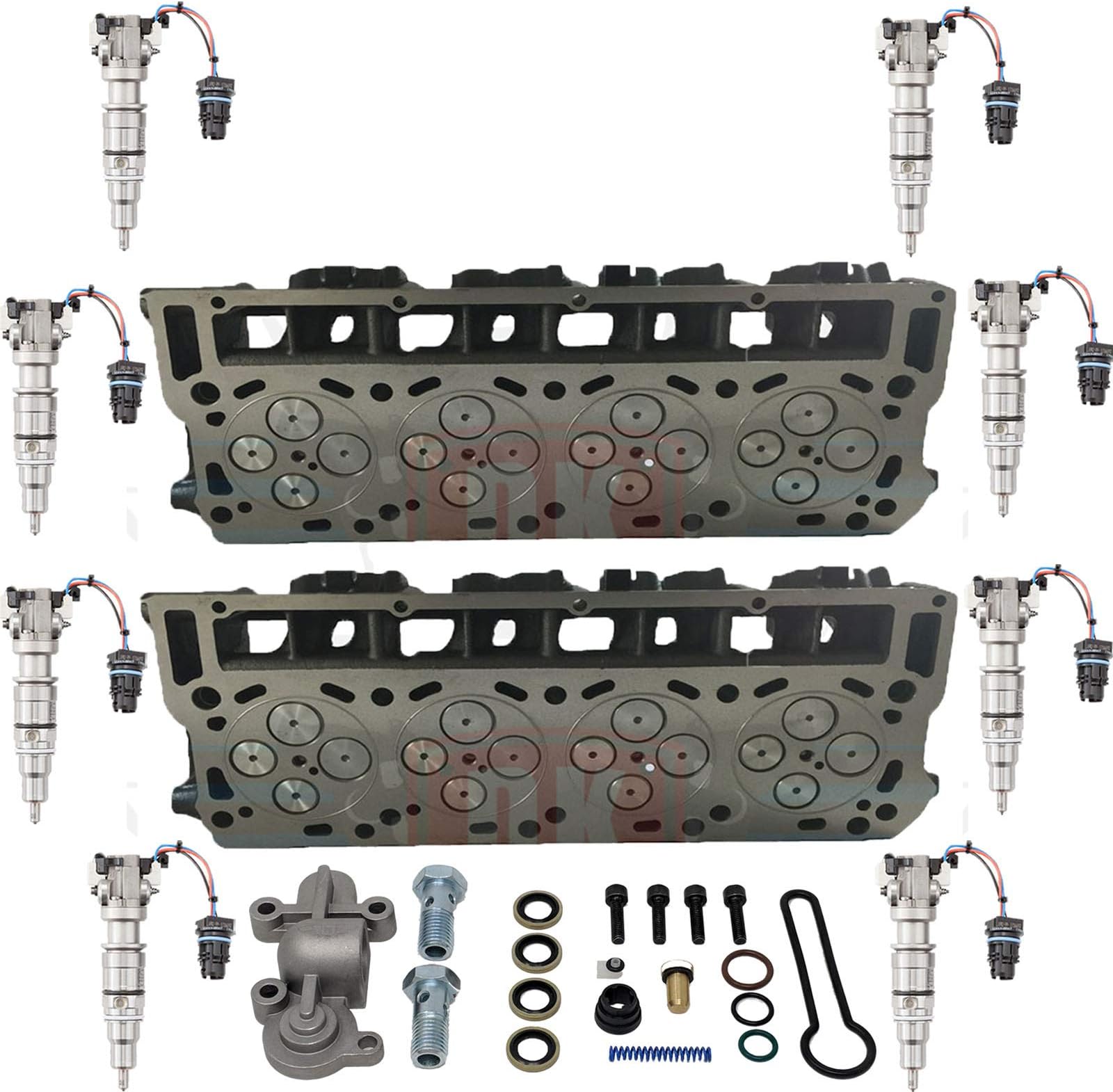 DK Engine NEW 20MM O'Ring Cylinder Heads COMPLETE NEW Pure Power Injectors and Blue Spring Fuel Kit with Banjo Fitting F250-750 Excursion MaxxForce 5 - Compatible with Ford 6.0L 6.0 Powerstroke