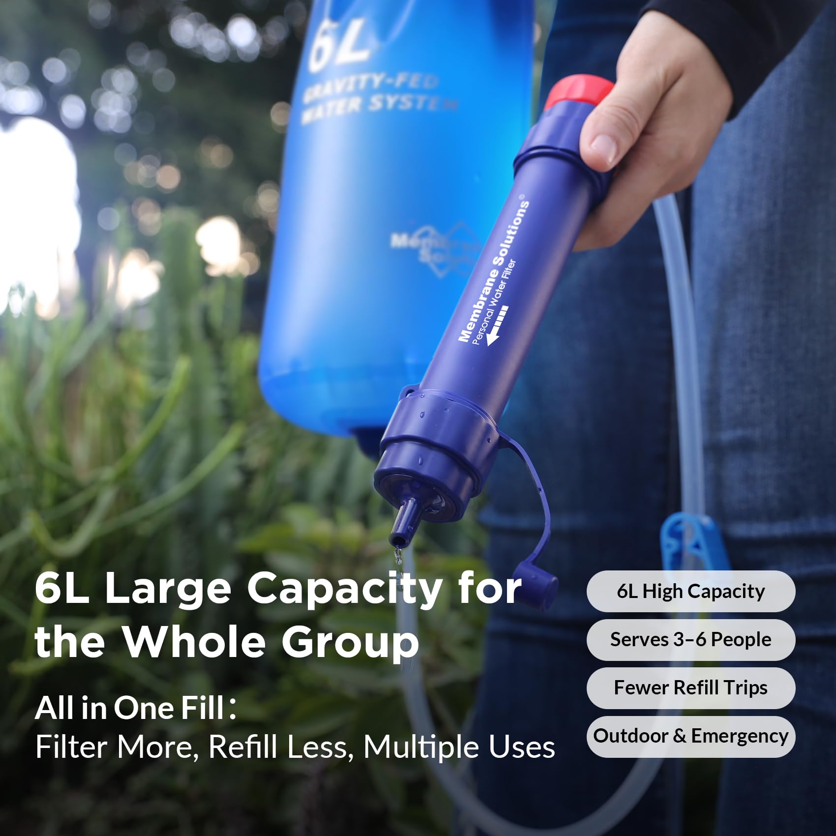 Membrane Solutions Sistema di Filtraggio dell'Acqua a Gravità Portatile, con Sacca d'Acqua da 6L, Filtro per Acqua di Campeggio, Rimuove il 99,9999% dei E.Coli