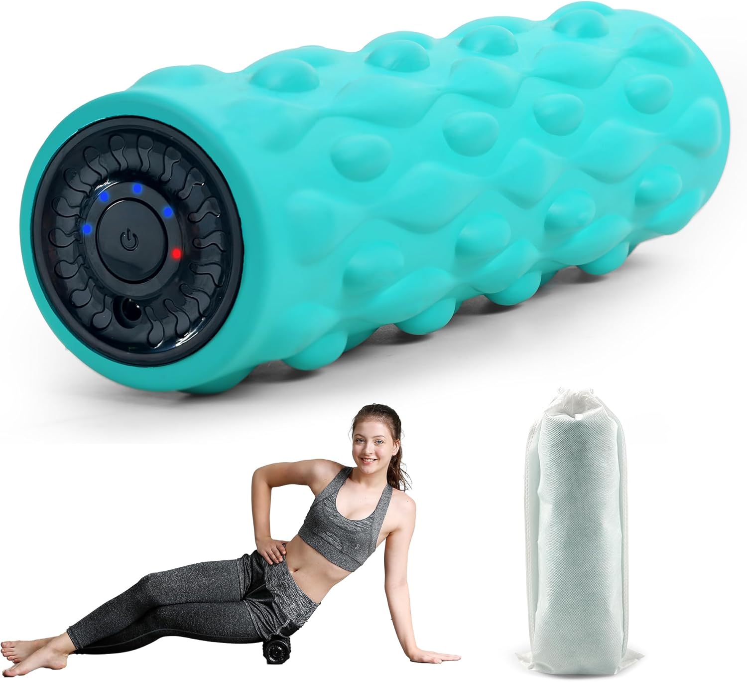 High-Density Vibrating Foam Roller Blue with 4 Customizable Speeds for Deep Tissue Massage, Muscle Recovery and Pain Relief -Rechargeable with Portable Bag