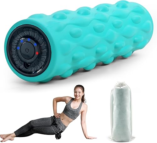 Rodillo de espuma vibratoria de alta densidad azul con 4 velocidades personalizables para masaje de tejido profundo, recuperación muscular y alivio