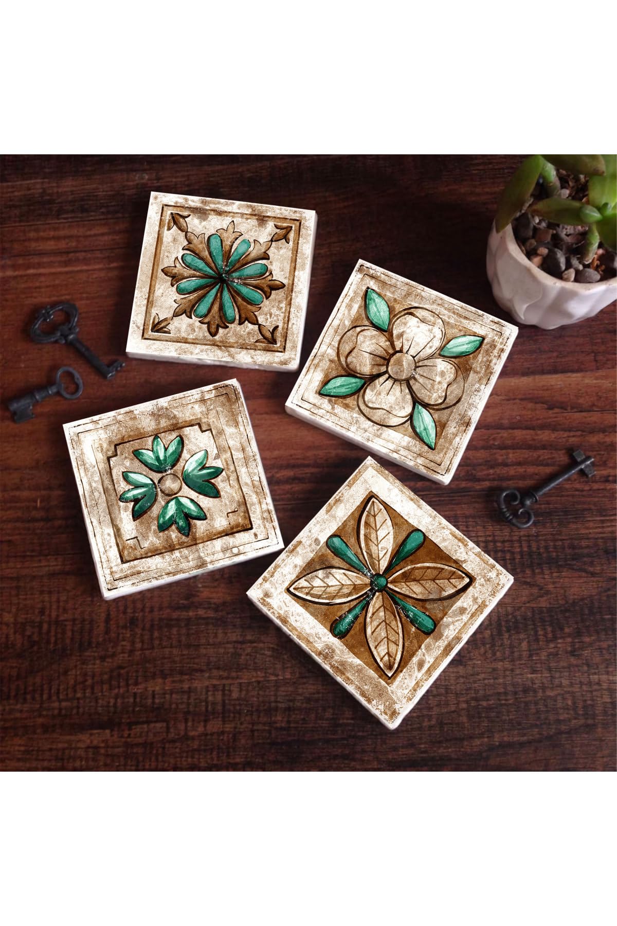 Pinecone Stone Fas Desenli Vintage Taş Bardak Altlığı Seti - 4 Parça - Dekoratif, Rustik Mutfak Aksesuarı, 10x10 cm, Kaydırmaz Tabanlı, Şık ve Dayanıklı SC145