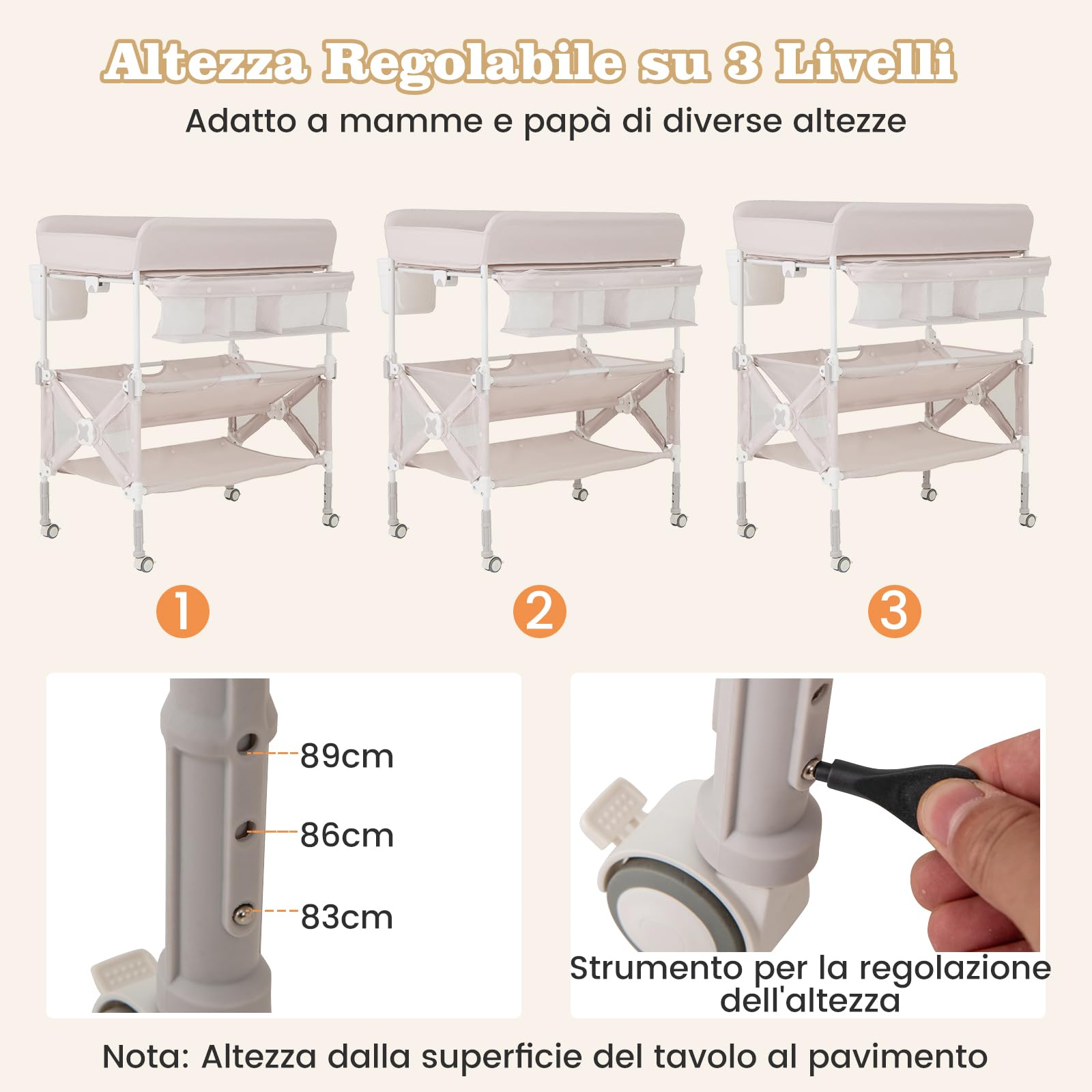 RELAX4LIFE Fasciatoio Pieghevole per Neonati, Fasciatoio Portatile con Cestino Laterale e Porta Asciugamani, Altezza Regolabile e Ruote Bloccabili, per Cameretta dei Bambini (Naurtale)
