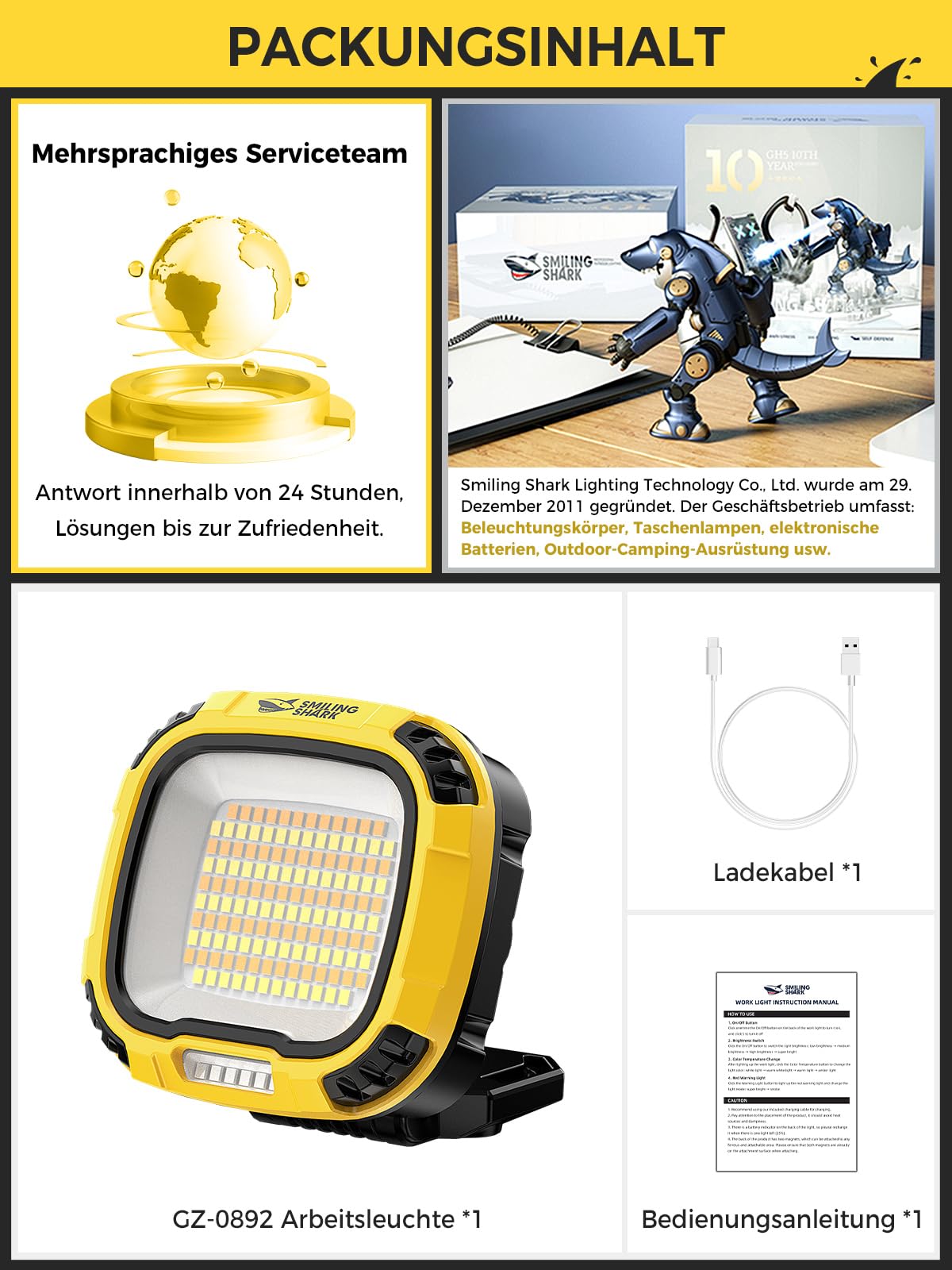 Smiling Shark Arbeitsleuchte, 4000 Lumen LED Werkstattlampe 7500 mAh Wiederaufladbare 18 Modus Licht Wasserdicht COB Werkstatt Lampe mit Magnet für Working Reparatur Garage Camping Outdoor