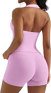 OMKAGI 2 Piece Workout Sets for Women Halter Sports Bra Tank Gym Biker Shorts Outfits