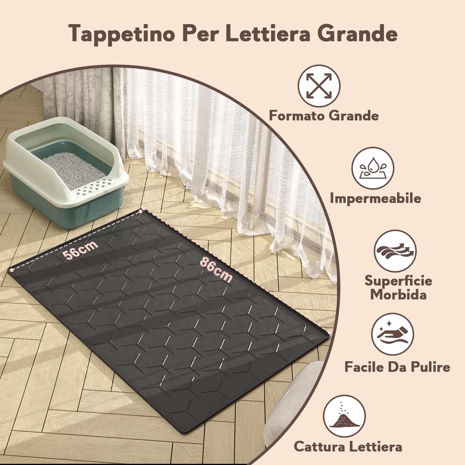 Garoopion Tappetino Lettiera Gatto, 86x56 cm Taglia Grande Tappeto Lettiera Gatto, Silicone Impermeabile Facile da Pulire, Nero