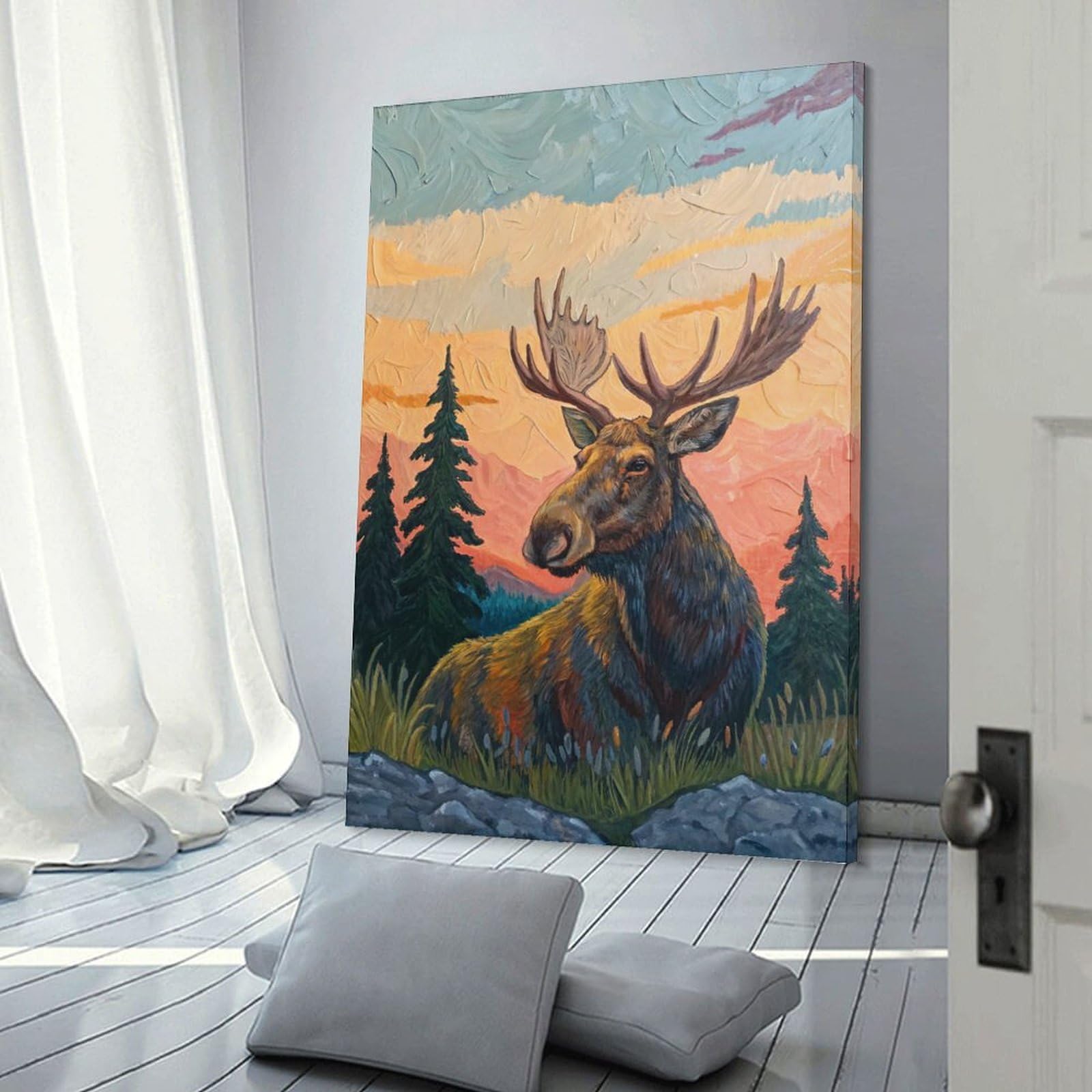 Junmoney Frame-Style-1 Moose In A Mountain Landscape Painting Wall Picture Print 16X24inch(40X60cm), For Lounge Decor, Offices Or Entryway Styling, A Flexible Wall Accent For Shared Spaces
