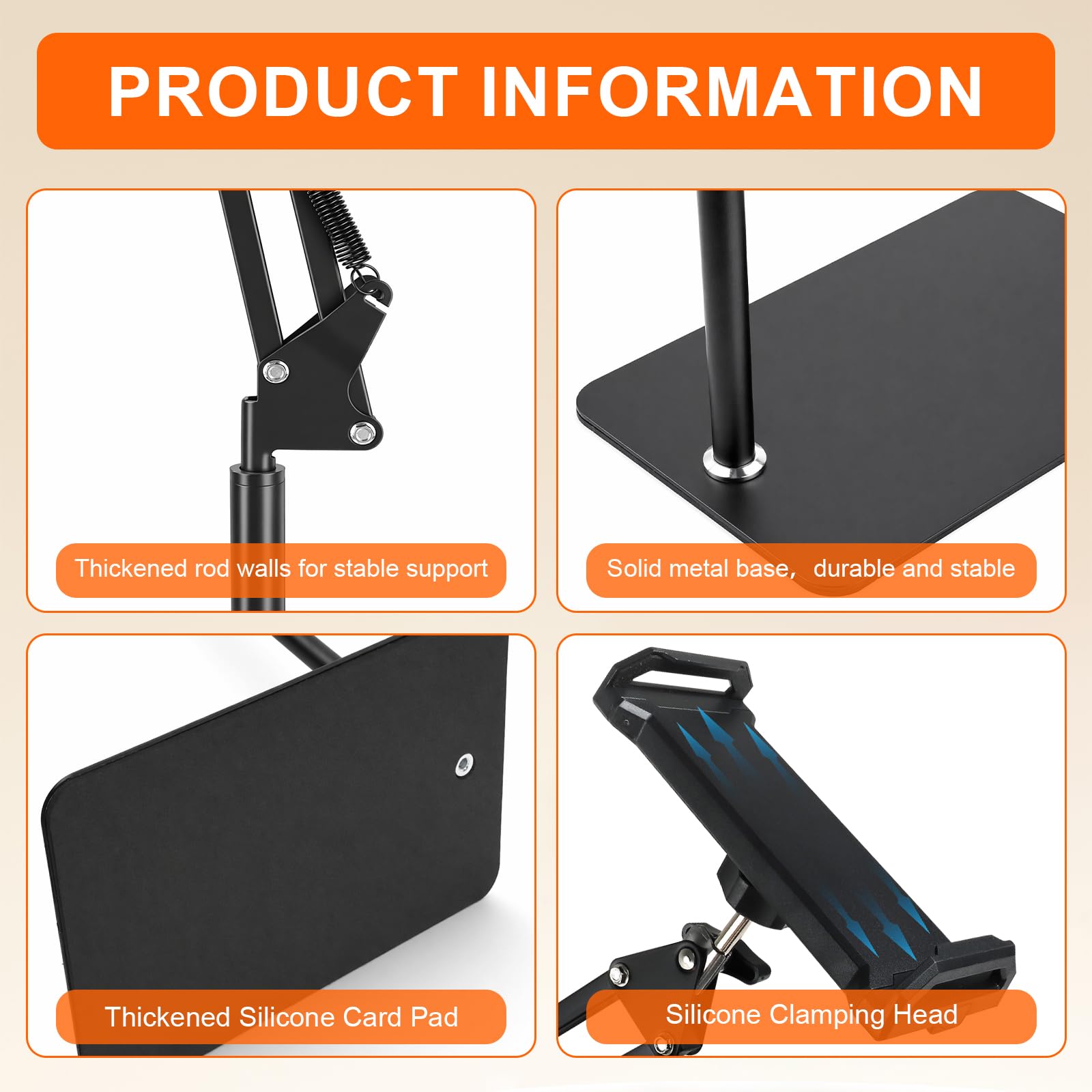 Supporto Tablet da Pavimento, Supporto Tablet da Terra Regolabile, Supporto Tablet da Letto e Divano, Braccio Articolato Regolabile, Rotazione 360°, Morsetto 12–25 cm per Smartphone e Tablet