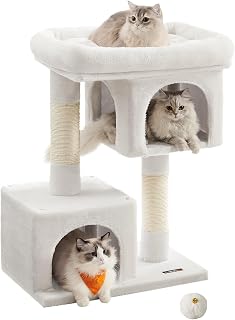 Feandrea Cat Tree, Scratching Tree with Large Platform and 2 Cat Caves | Cat Stand with Sisal Scratching Player, for Large Cats and Kittens, 60 x 40 x 79.5 cm, Cream, CLAWFY Collection PCT061T01