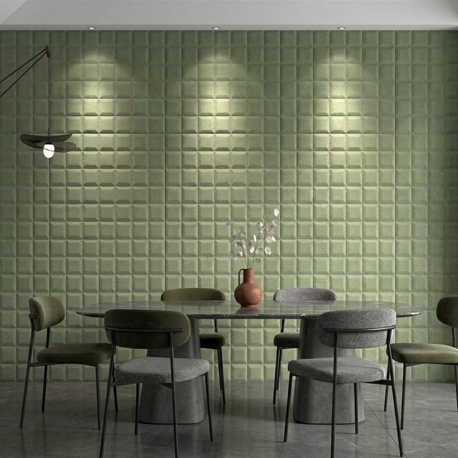 3D Wandpaneele Selbstklebend [SAMTOPTIK] – Gepolsterte Wandverkleidung zum Kleben – Moderne Wandgestaltung für Wohnzimmer, Schlafzimmer, Büro & Gastronomie – 69 x 277 cm Quadrat-Steppung, Grün