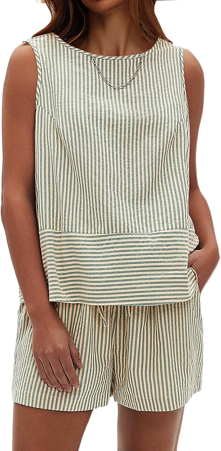 EXLURA Women's Summer 2 Piece Outfits Sleeveless Tank Top Matching Shorts Sets Cotton Striped Sweatsuits Vacation Beach 2025