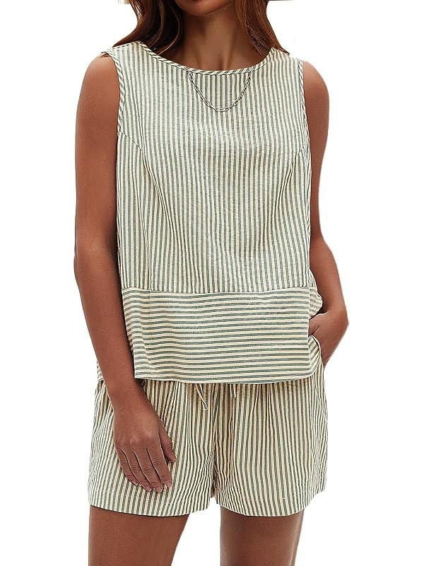 EXLURA Women's Summer 2 Piece Outfits Sleeveless Tank Top Matching Shorts Sets Cotton Striped Sweatsuits Vacation Beach 2025 by EXLURA - Used condition - US$14.68