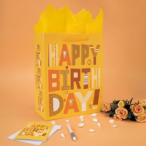 Miniatura 5 de Juego de bolsas de regalo amarillas grandes de 13 pulgadas con tarjeta de felicitación y papel de seda (amarillo feliz cumpleaños) para fiestas de