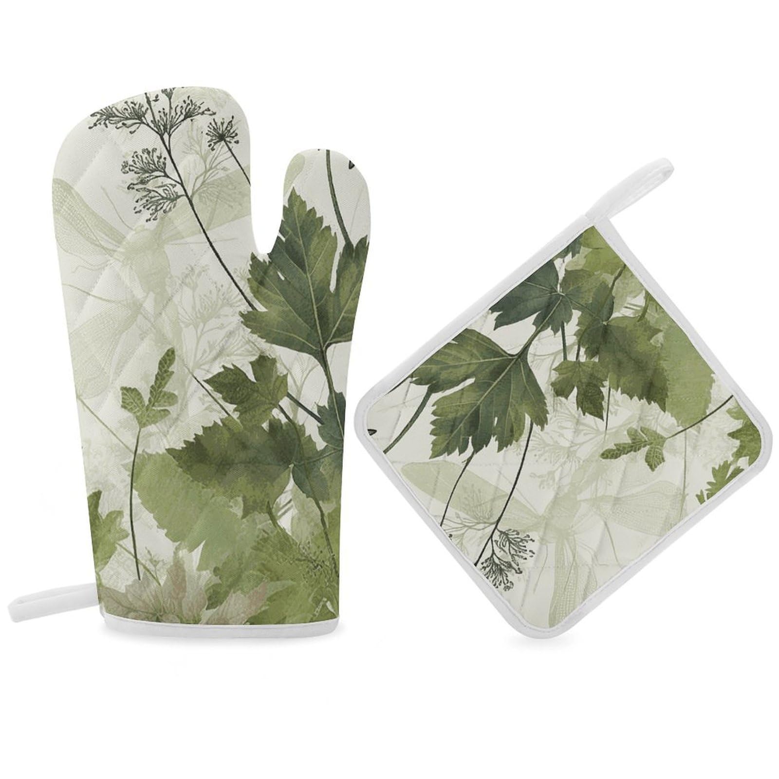 Foliage and Herbs with Dragonflies Winged Oven Mitt Thick Substantial Heat Insulation Gloves Soft Skin-Friendly Temperature Resistant Oven Mitts for Cooking Lover Cooks