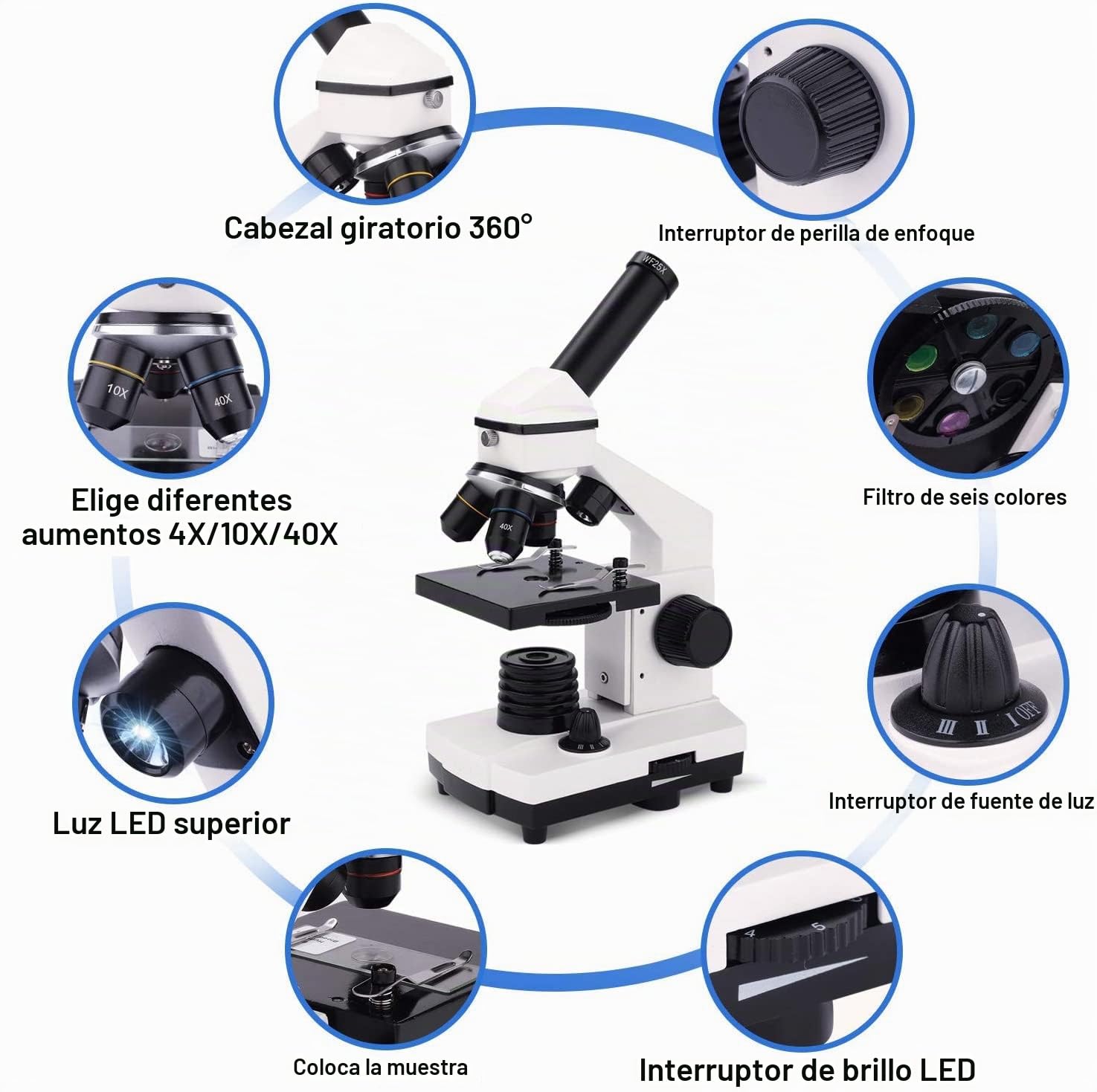 Microscopio Monocular Compuesto 40X-2000X para Niños, Adultos y Estudiantes - Microscopio de Precisión para Educación en Ciencias Biológicas con Kits - Metal y Vidrio - LED - Blanco