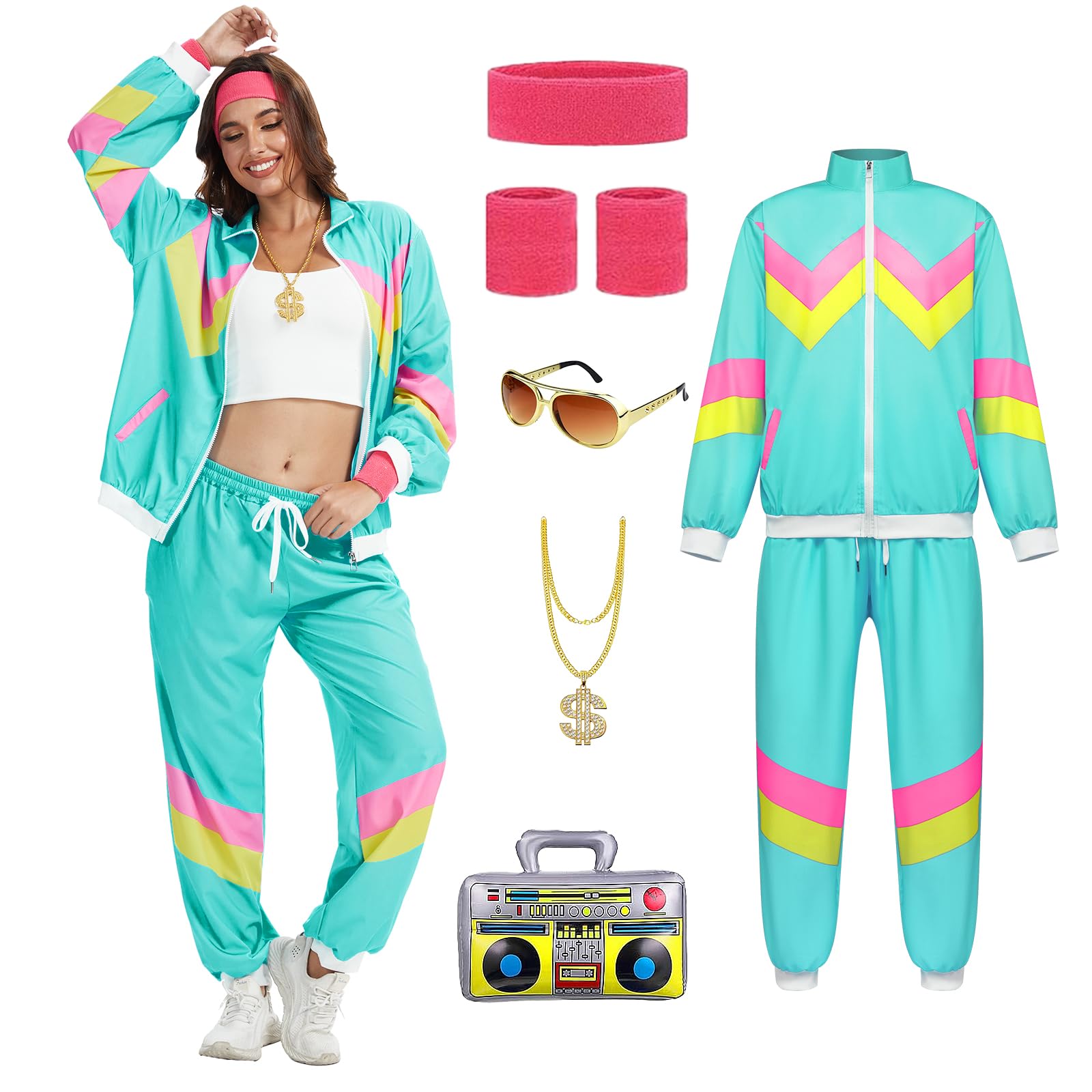 YRTBGD 80s 90s Outfit Women, Retro 80s Tracksuit, Jacket Trousers Suit with Gold Chain, Inflatable Radio, Halloween Carnival for Women (Green, S) โ image 1
