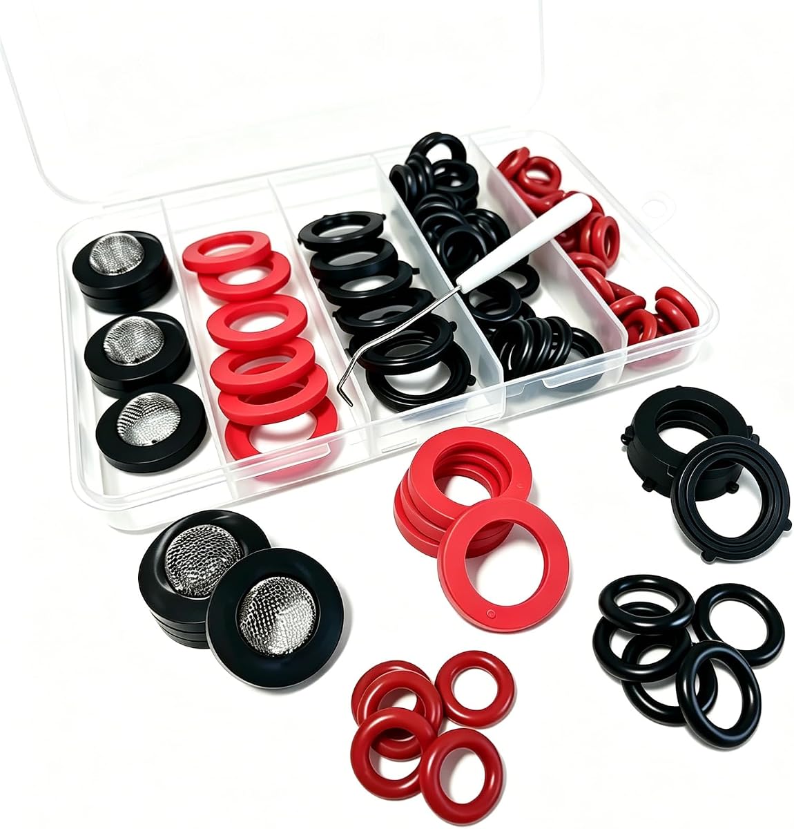 Pressure Washer O Rings Kit, 5 Sizes (91 PCS) – Rubber Washers, Garden Hose Washer & Garden Hose Gasket Washers – for 1/4", 3/8" Quick Coupler, M22, Gun, Wand, Tip – w/Screen Filter & Removal Tool