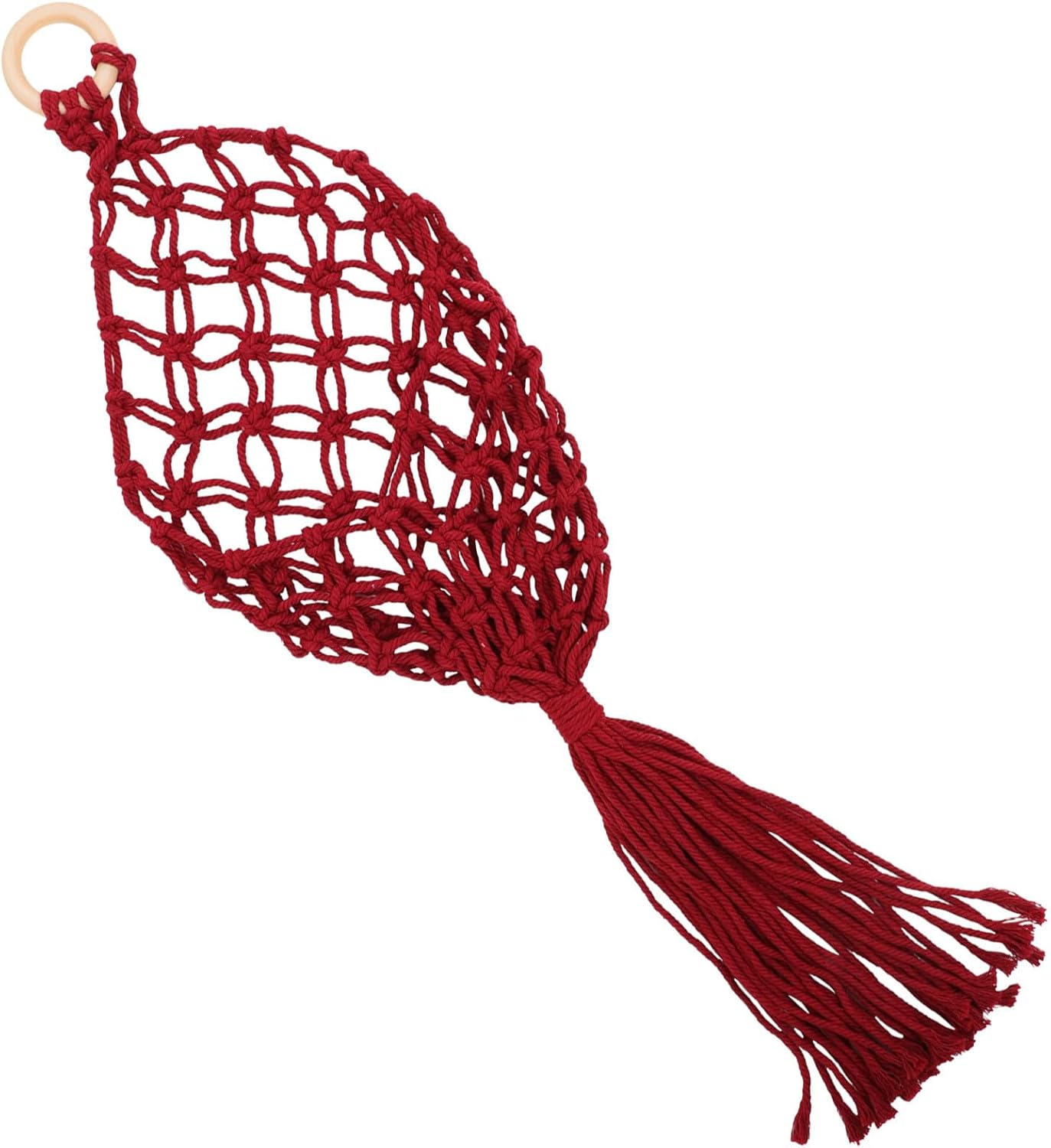 Macrame Fruit and Vegetable Hanging Basket, Woven Cotton Rope Wall Storage Basket, Wine Red Decorative Kitchen Produce Holder for Home Organization