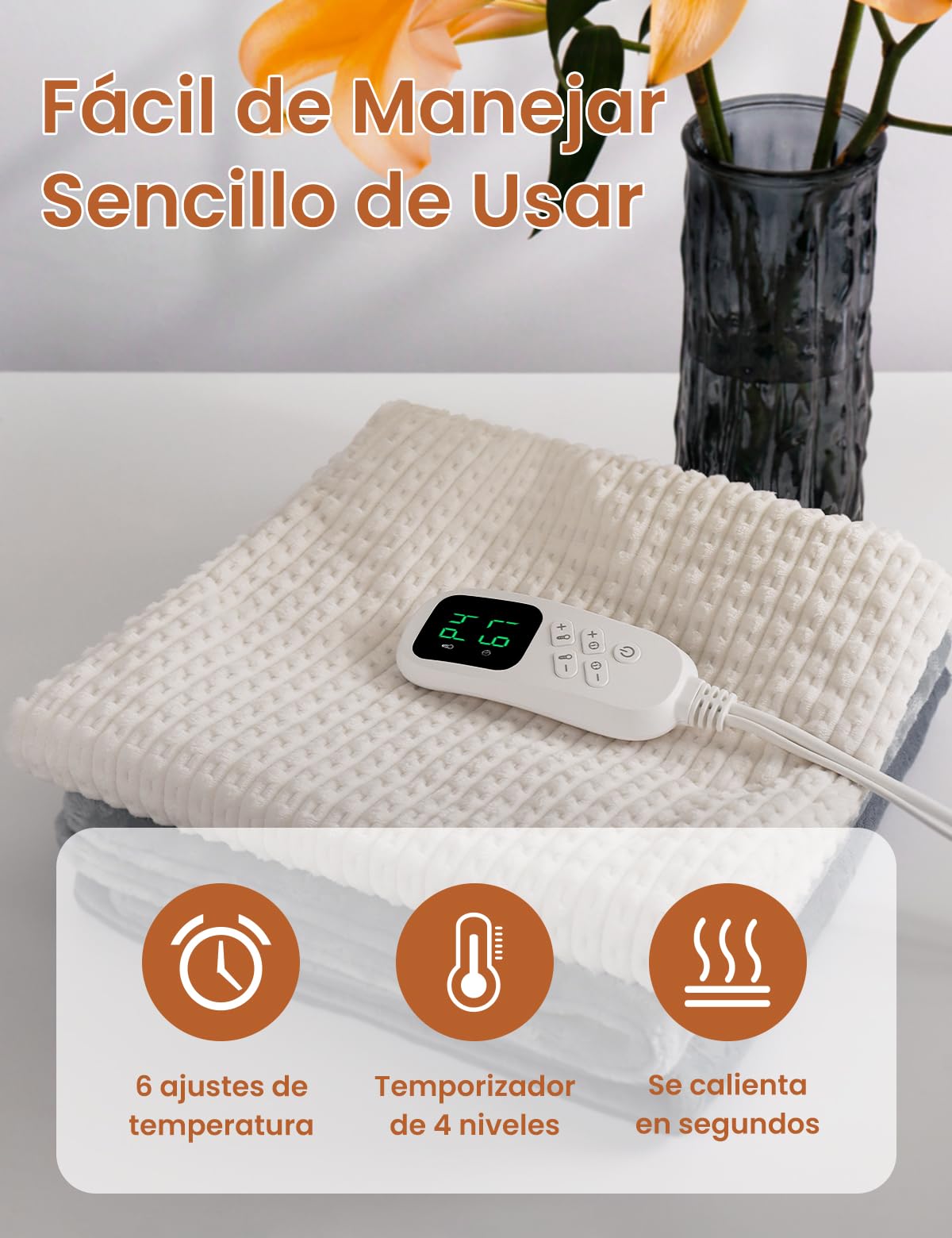 Manta Eléctrica con Funda Desmontable Lavable, Almohadilla Térmica Eléctrica, 6 Niveles de Temperatura, Apagado Automático de 3 Horas, Regalo Cálido para Familiares y Amigos