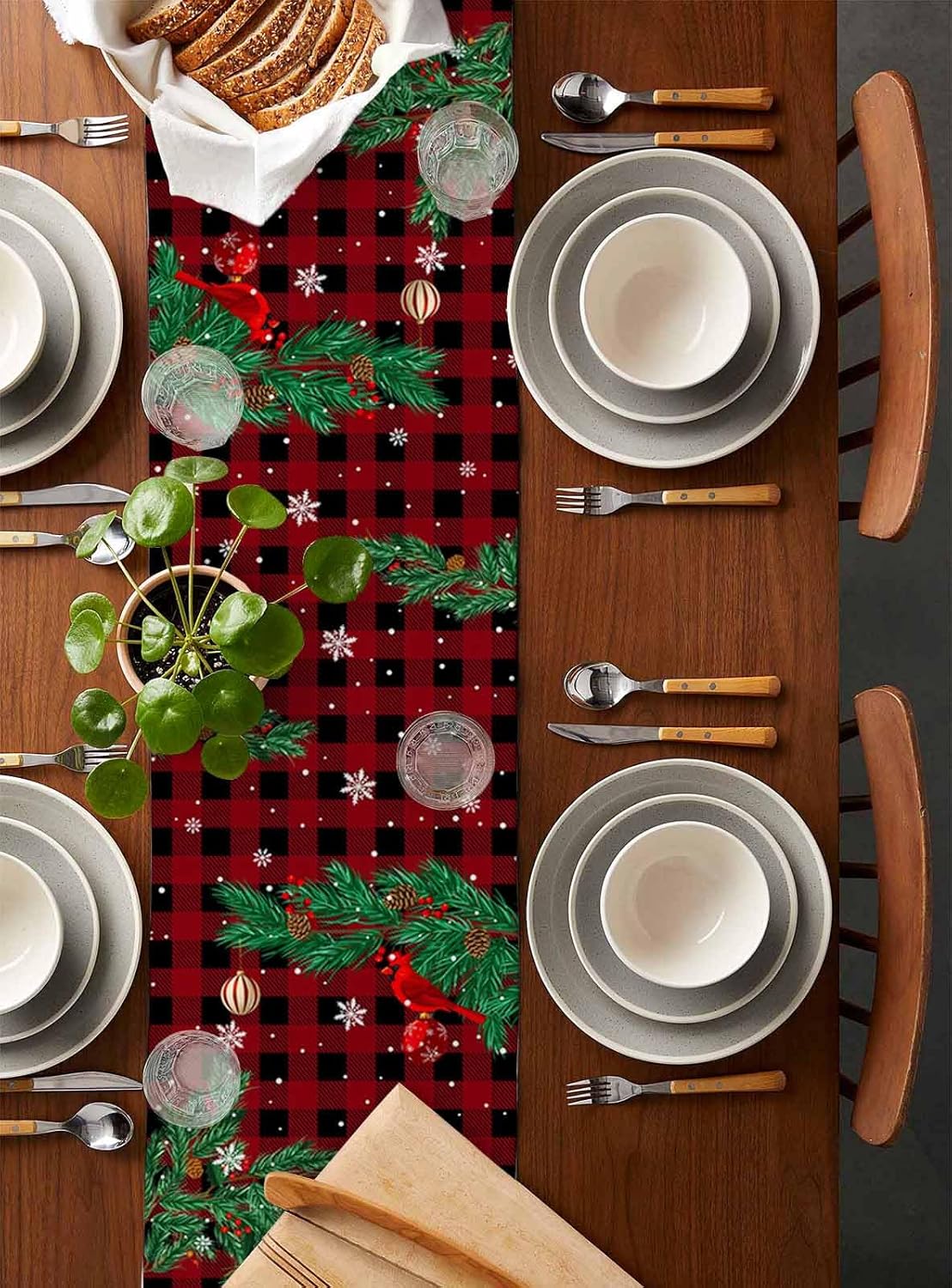 Seven Roses Christmas Gnomes Table Runner 120 Inches Long, Winter Snowflake Xmas Tree Farmhouse Dress Scarves, Balls Birds Red Plaid Dining Tablerunner for Cafe/Kitchen Island/Party Décor 13"x120"