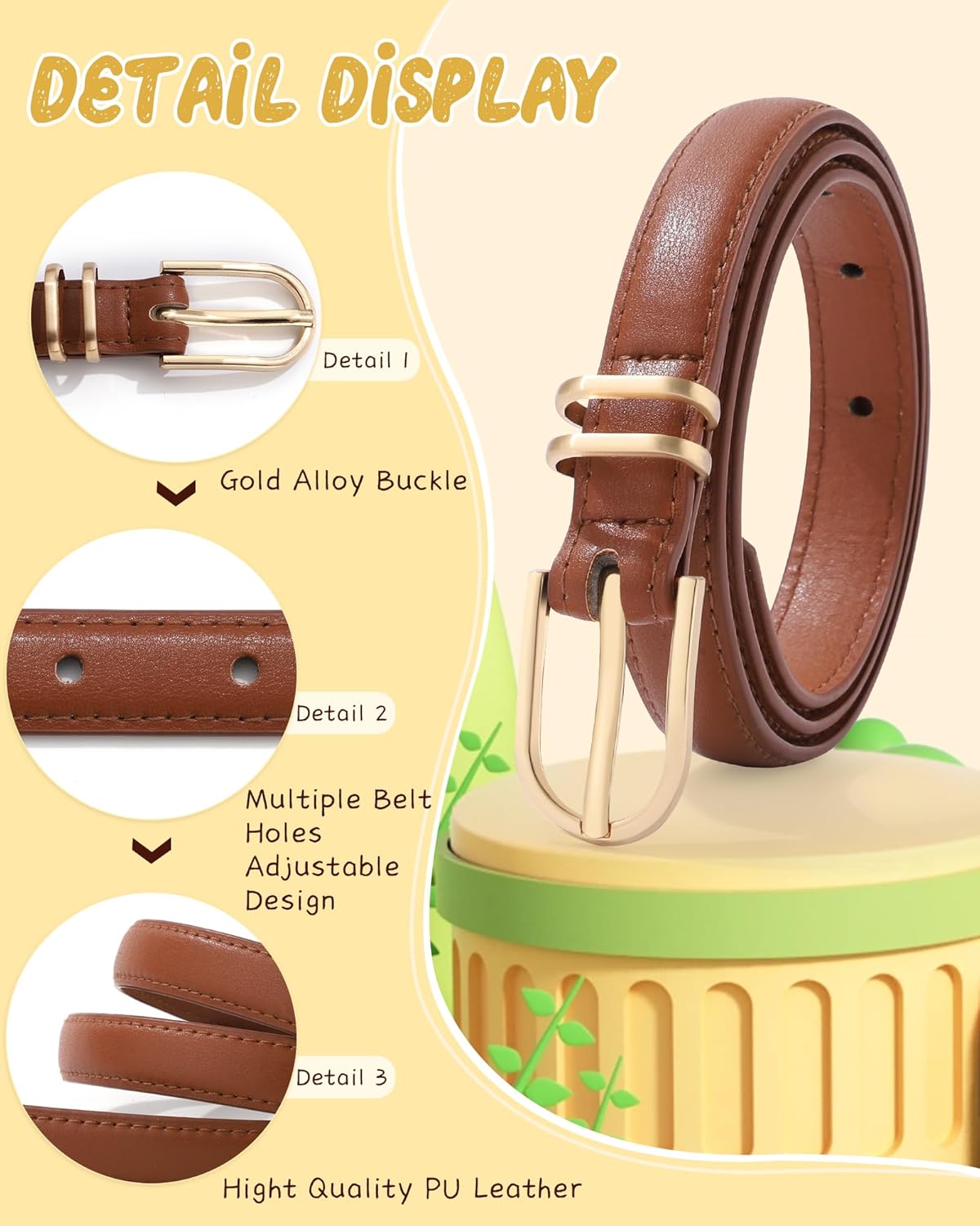 AWAYTR Kids Leather Belts for Girls - 2 Pack Toddler Girls Skinny Leather Belts for Jeans with Gold Buckle - Image 4