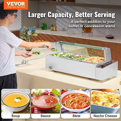 Miniatura 2 de VEVOR Calentador de alimentos comercial de 3 bandejas, mesa de vapor eléctrica de 8 cuartos de galón con cubierta de vidrio, encimera de 1500 W de