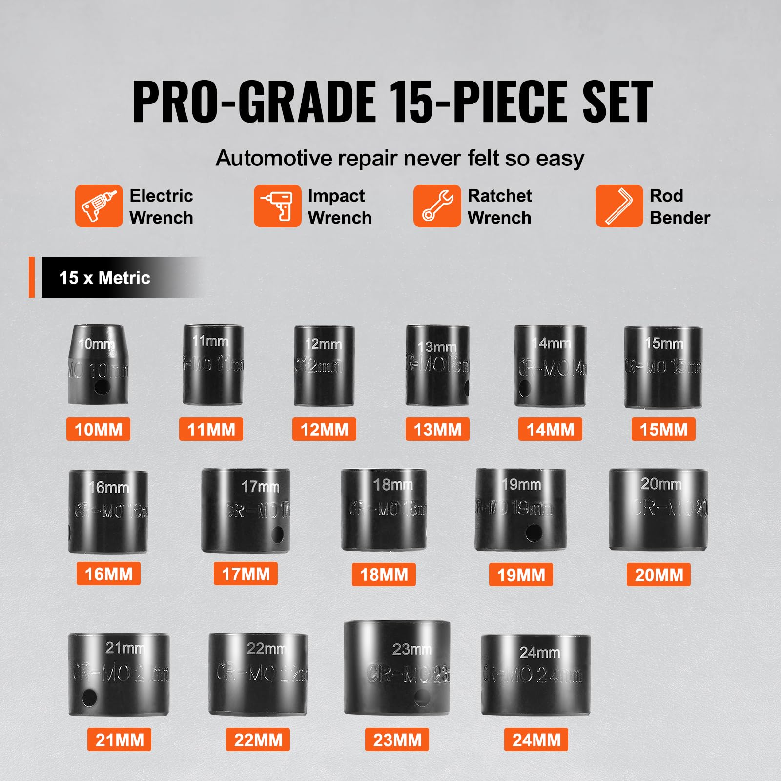 VEVOR 3/8" Drive Impact Socket Set, 15PCS Metric CR-Mo, 10-24mm, 6 Point, Easy-to-Read, Organizer, Black - Image 3