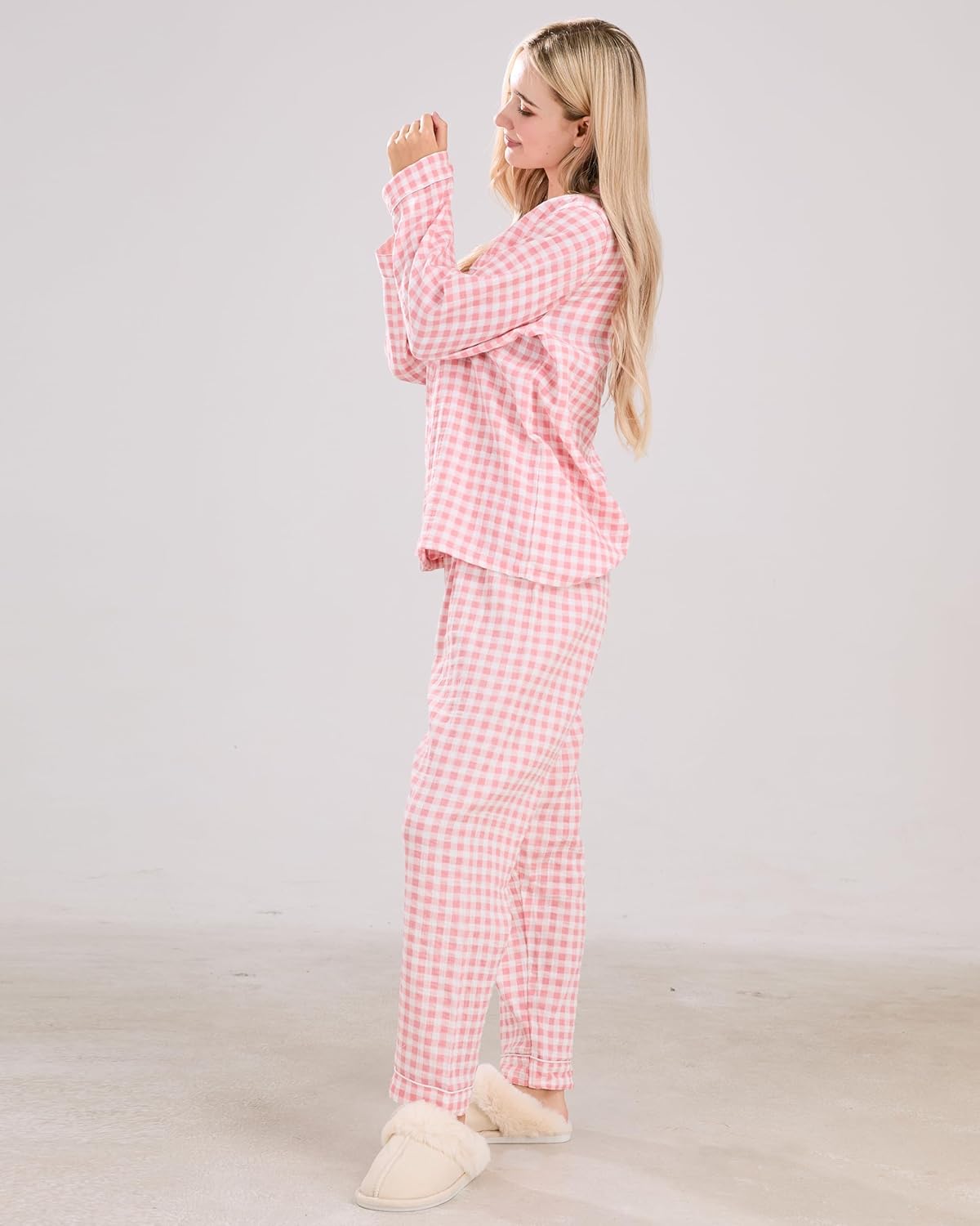 Womens Cotton Pajama Sets Long Sleeve Button Down Shirt and Pants Sleepwear 2 Piece Gingham Pj Set - Image 5