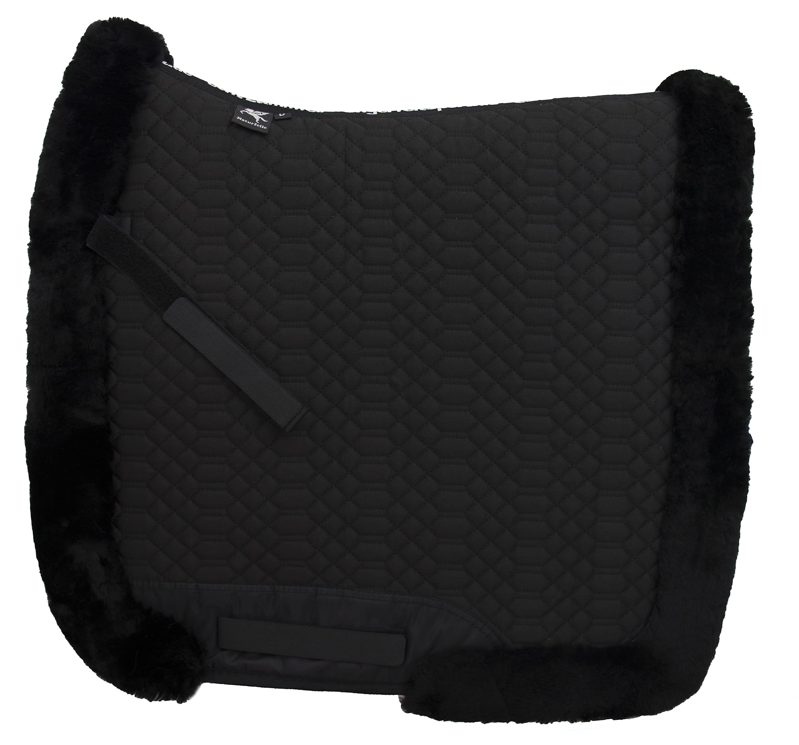Engel Reitsport | SCHABRA3-D-SCH-MED | Schabracke | Lammfell Fully Lined | Steppstoff | Fellkranz rundherum | Dressur | Stoff schwarz Fell med.