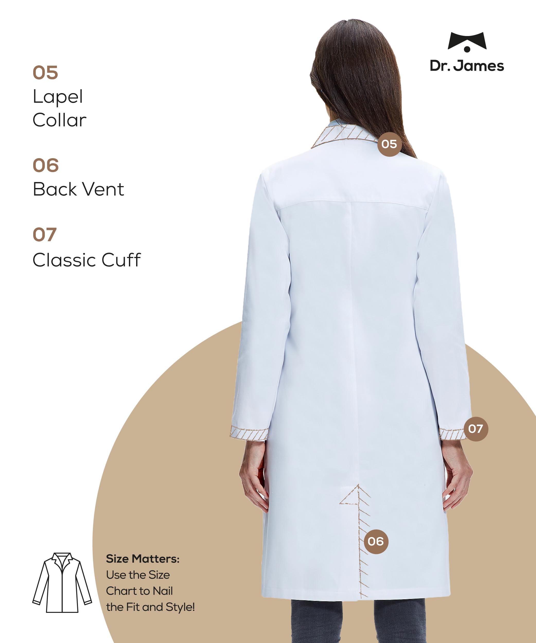 Dr. James Bate de laboratorio Premium mujeres, con múltiples bolsillos, ajuste clásico, cierre a presión oculto