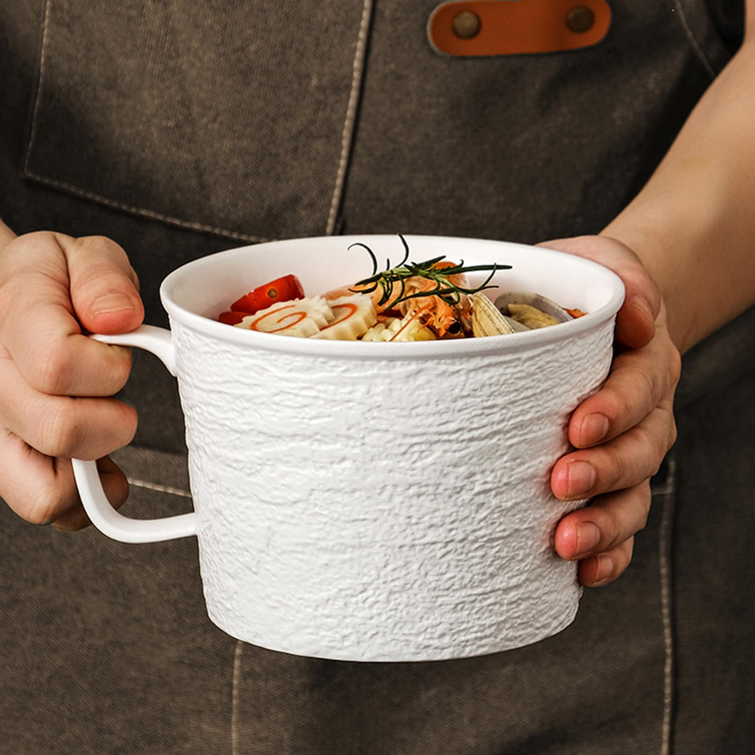 Cuenco de sopa con tapa, cuenco de porcelana para ramen, 1200 ml, apto para microondas, taza grande de sopa (blanco)