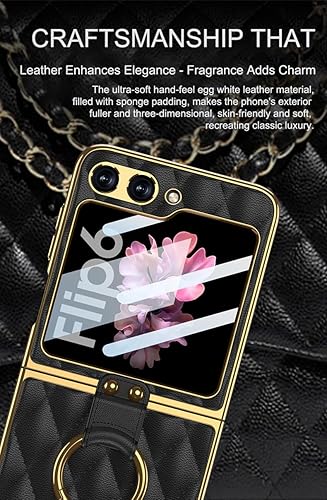 Miniatura 6 de SHIEID Z Flip 6 - Funda de piel para Galaxy Z Flip 6 con marco galvanizado, soporte de anillo, forro de esponja y diseño en forma de diamante para