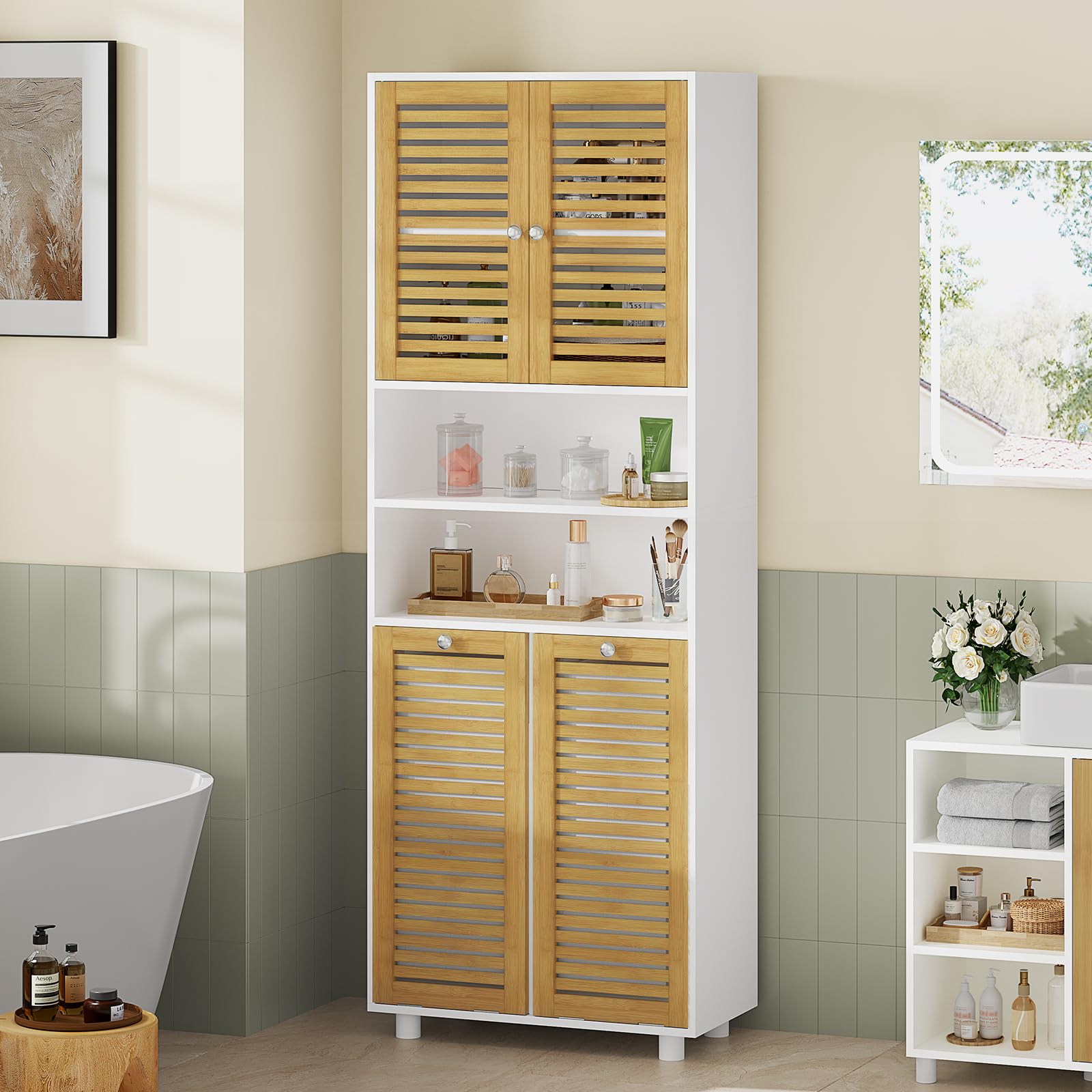 Badezimmerschrank mit Wäschekörbe, Badschrank mit 3 offenen Fächern und 2 Wäscheboxen, herausnehmbarer Wäschesack mit Griffen, Badezimmer Hochschrank mit verstellbare Ablage, 60 x 28 x 170 cm