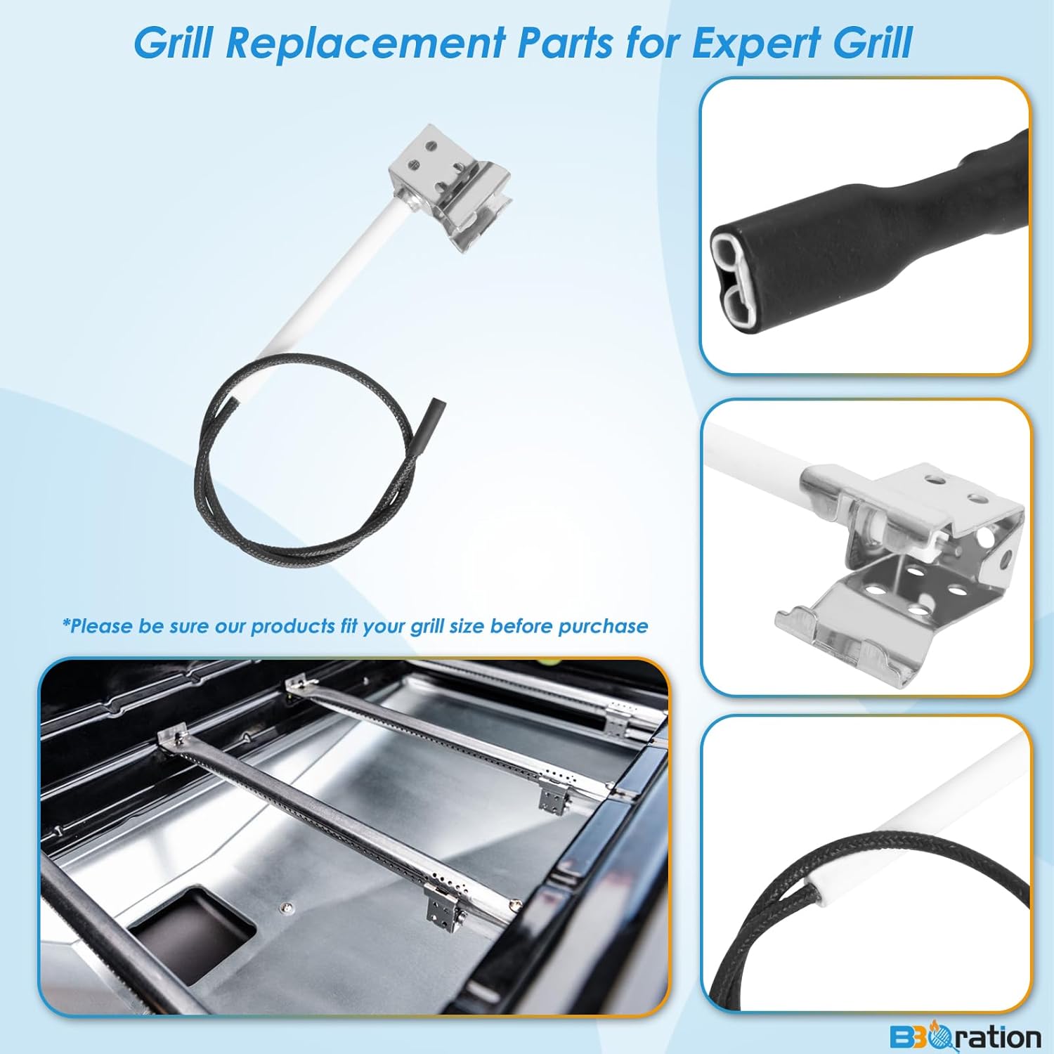 Close-up view of a new grill igniter with its wire and mounting bracket.