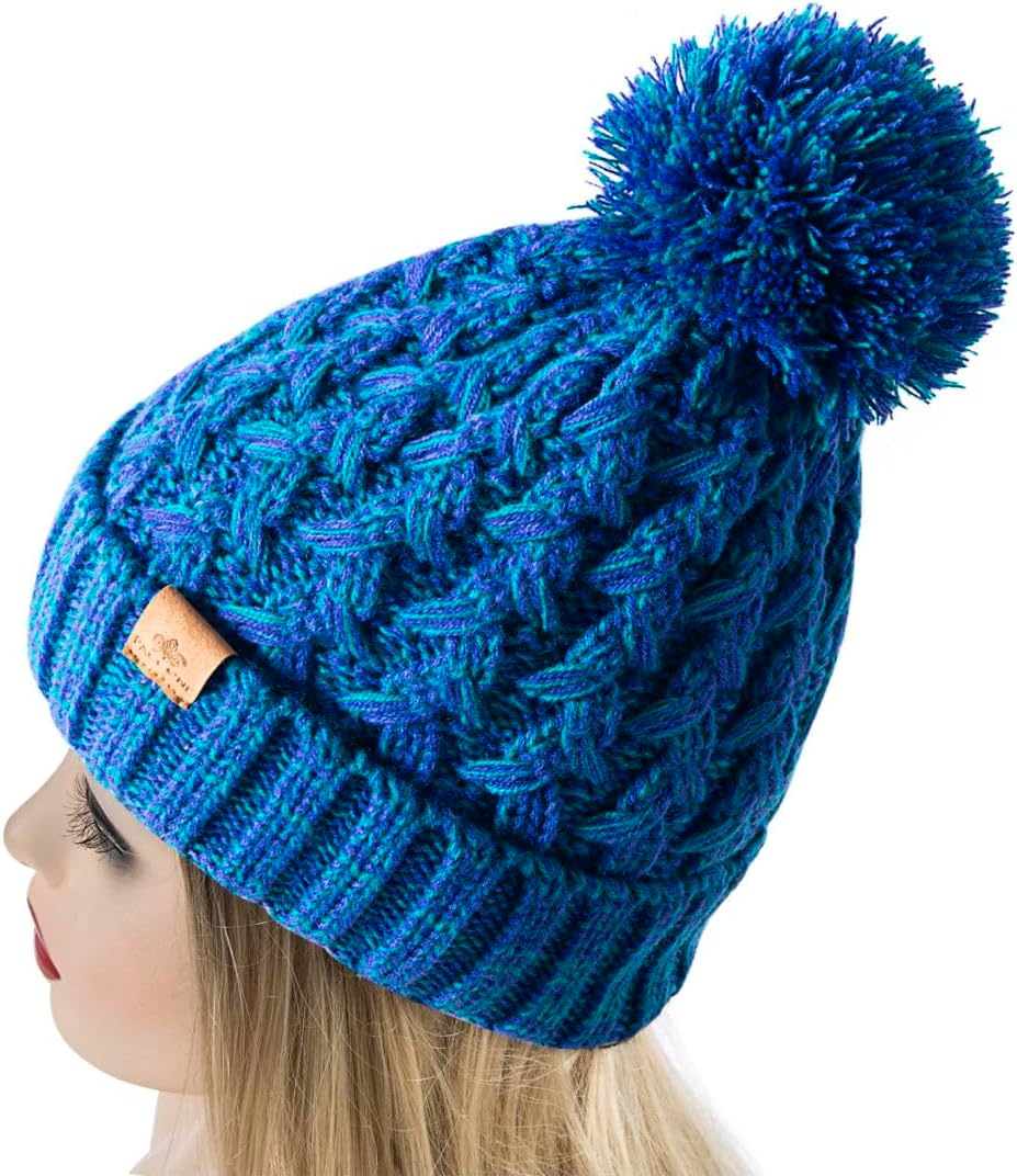 PAGE ONE Womens Winter Ribbed Beanie Crossed Cap Chunky Cable Knit Pompom Soft Warm Hat - Image 3
