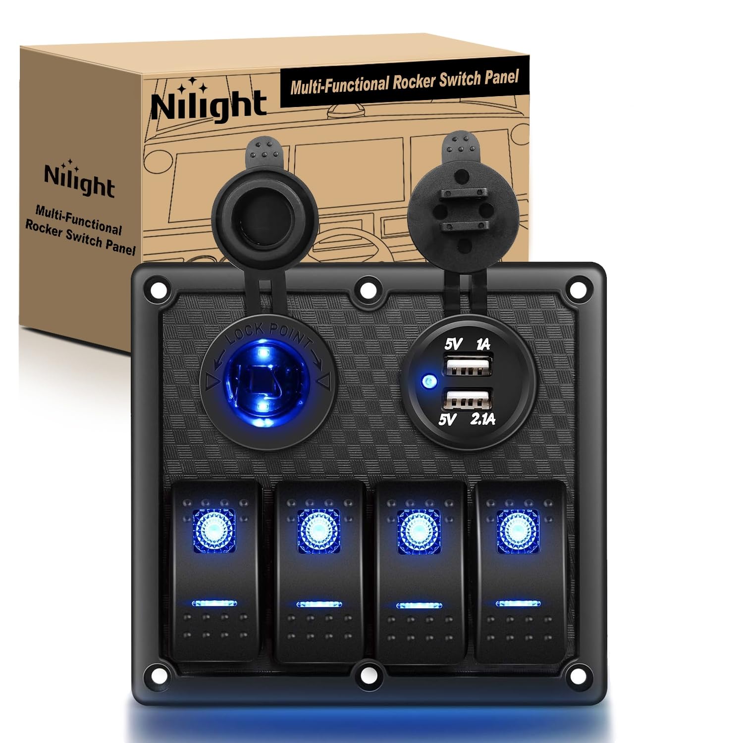 Nilight 4 Gang Rocker Switch Panel SPST On Off 5PIN Electrical Toggle Blue