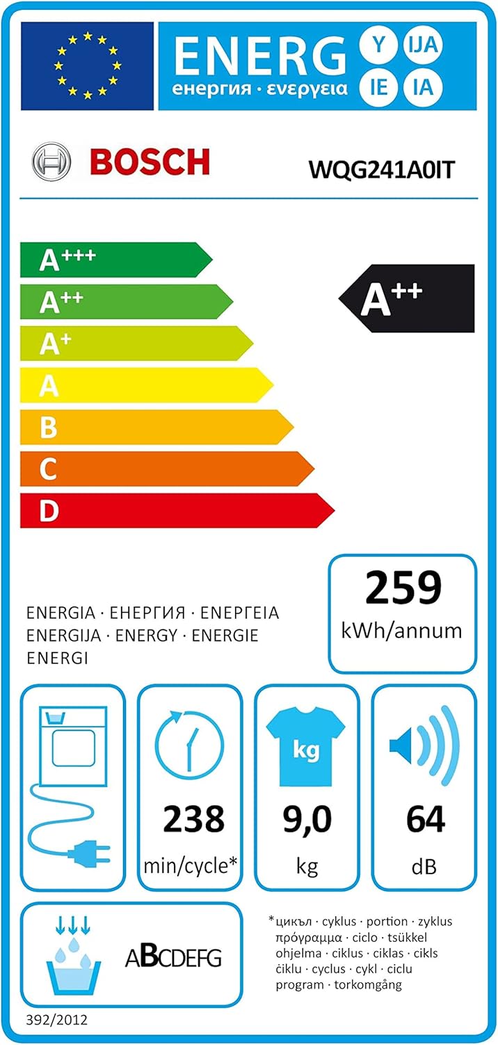 Bosch Elettrodomestici, Serie 6, Asciugatrice a pompa di calore, 9 kg WQG241A0IT [Classe di efficienza energetica A]